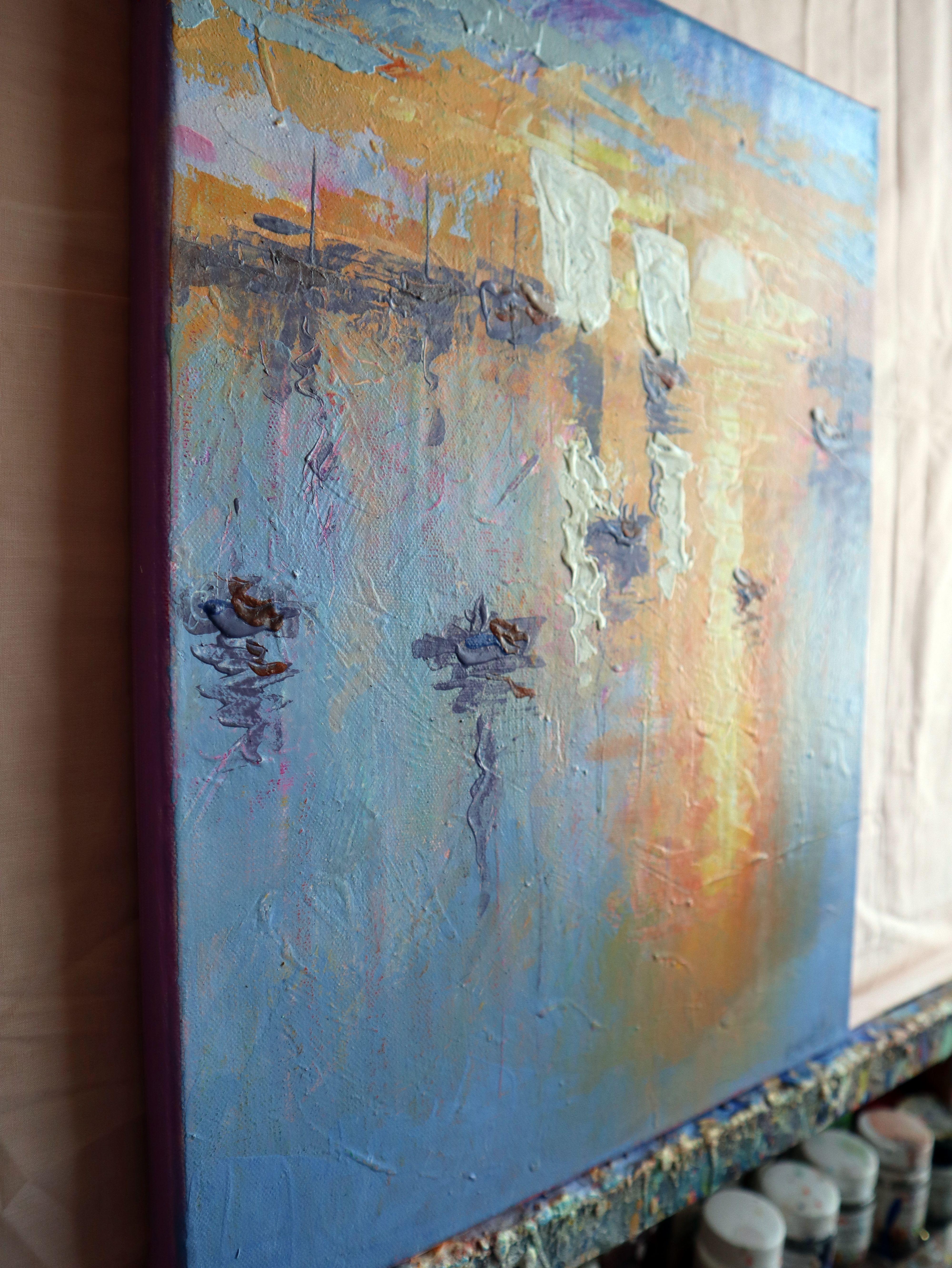 In dieser Verschmelzung von Acryl und Öl habe ich eine Symphonie von Farben entfesselt, die die lebendige Essenz eines Seehafens in der Abenddämmerung einfängt. Die wirbelnden expressionistischen Striche und zarten impressionistischen Berührungen