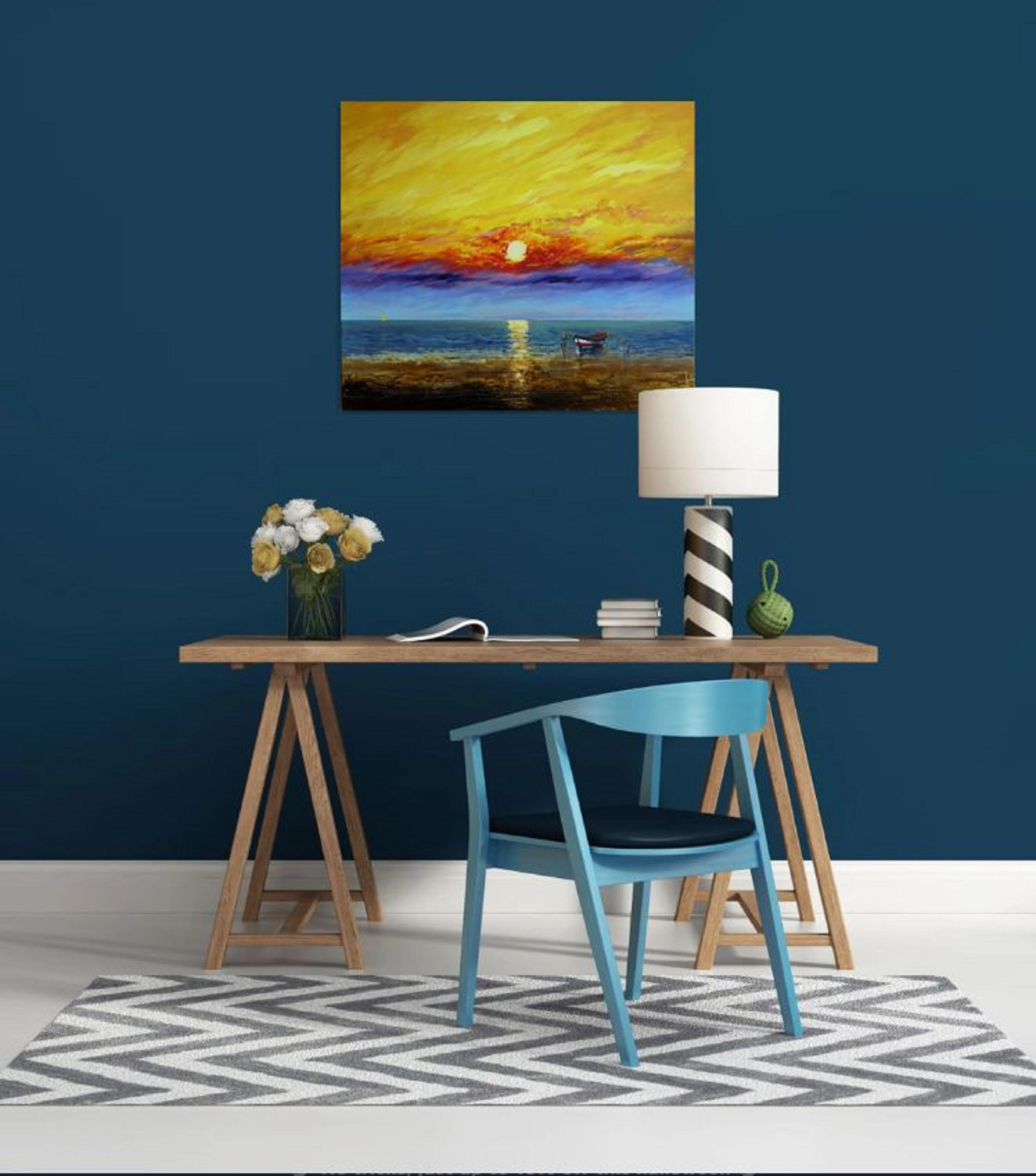 In this vibrant blend of acrylic and oil, I've woven raw emotion and the whispers of the sea into each stroke. The horizon melts into a symphony of fiery hues, reflecting the passionate embrace of sunset and ocean. It's a visual serenade, inviting