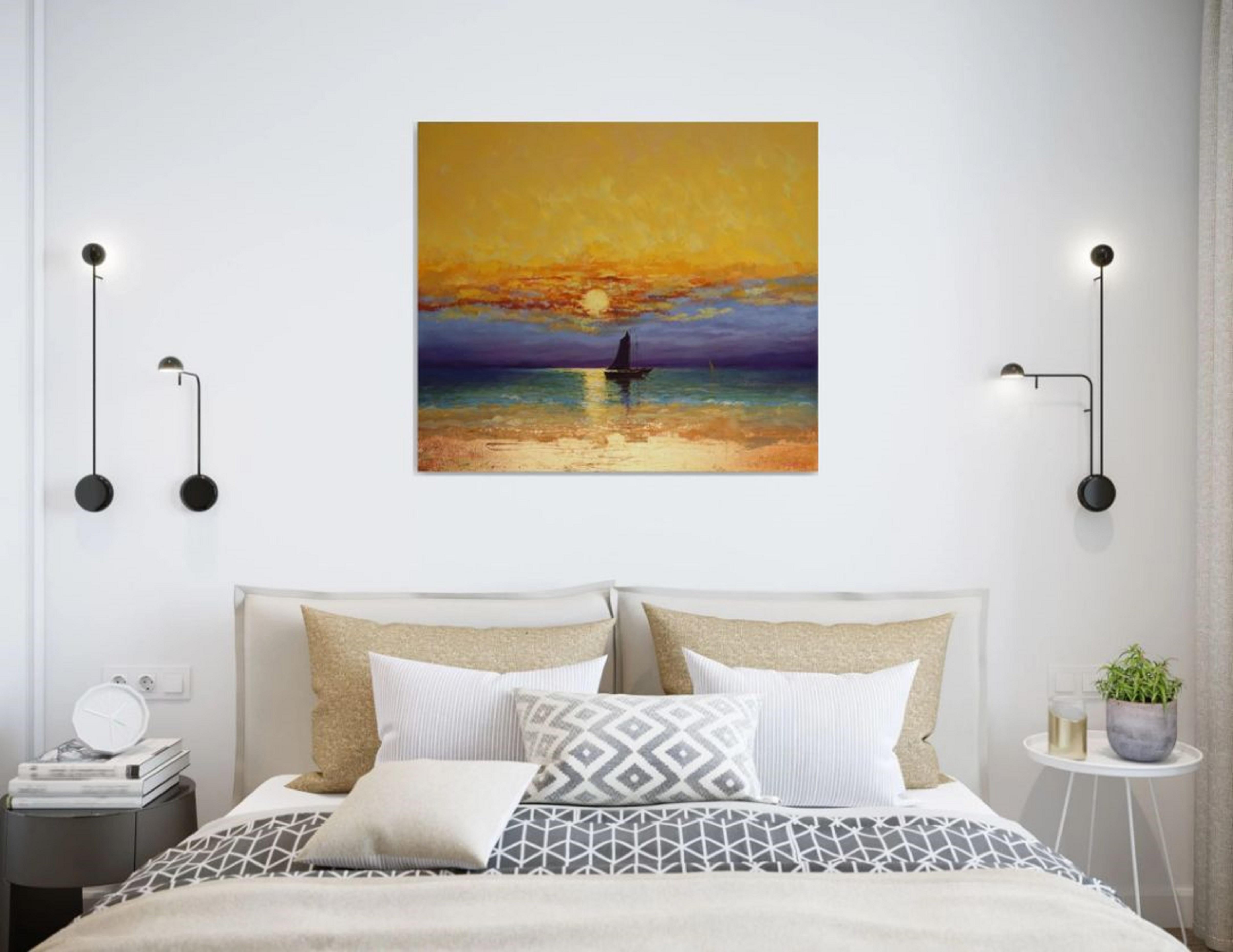 In this artwork, I intertwined the fervor of expressionism with the delicate touch of impressionism, using acrylic and oil to capture the sublime interplay of light and texture. The horizon beckons with a blend of fiery skies and tranquil waters,
