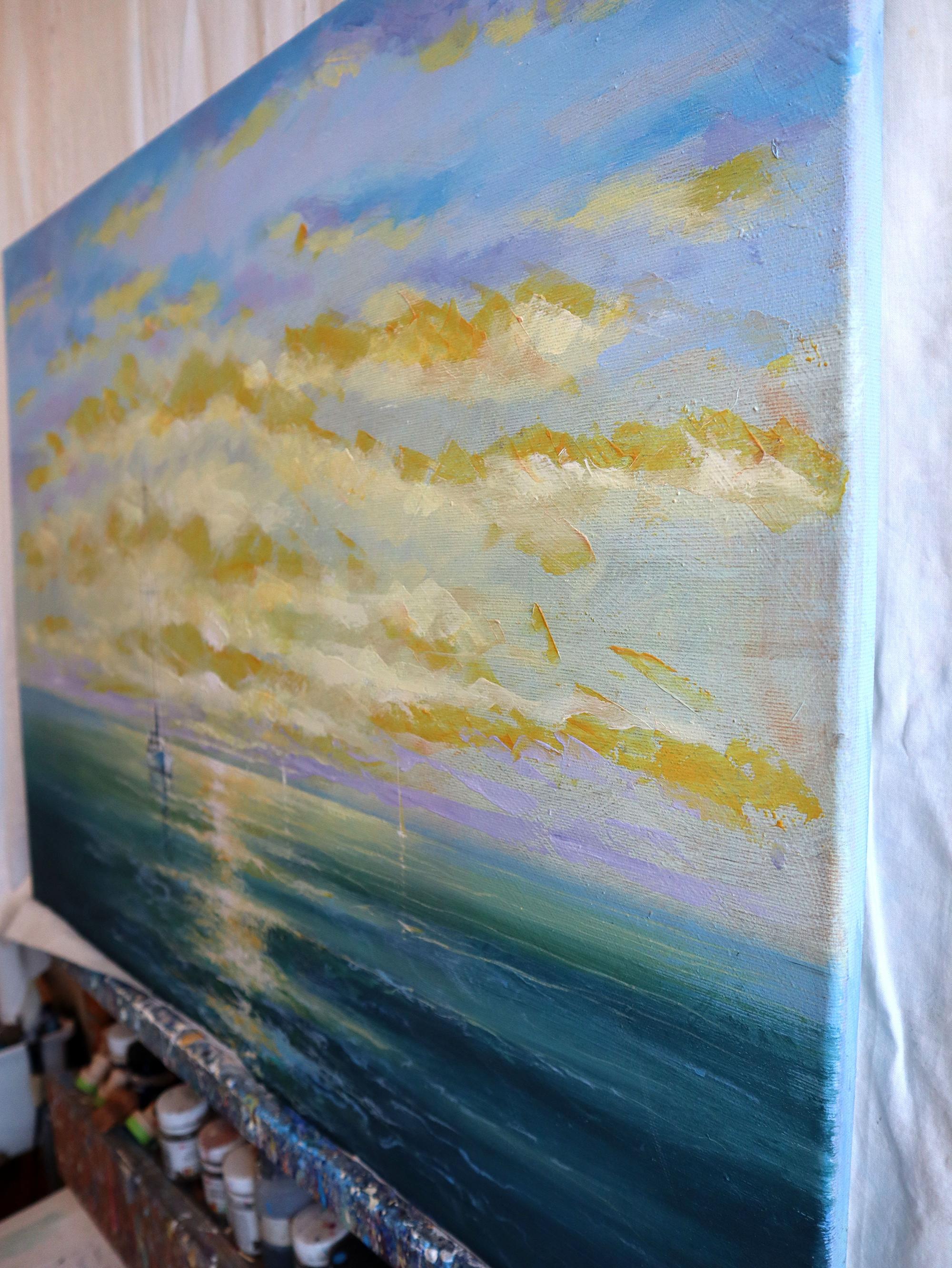 Sea Serenity - Gray Landscape Painting by RAKHMET REDZHEPOV (RAMZI)