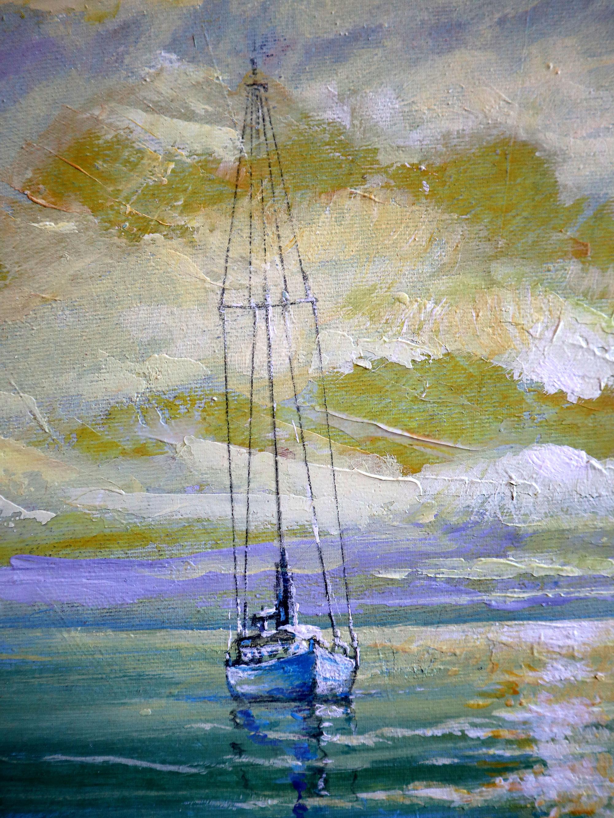 In crafting this painting, I sought to capture the tranquil yet profound expanse of the sea, intertwined with the ethereal dance of light and clouds. Using acrylics and oils, I layered textures and hues to create a dynamic yet soothing scene, where