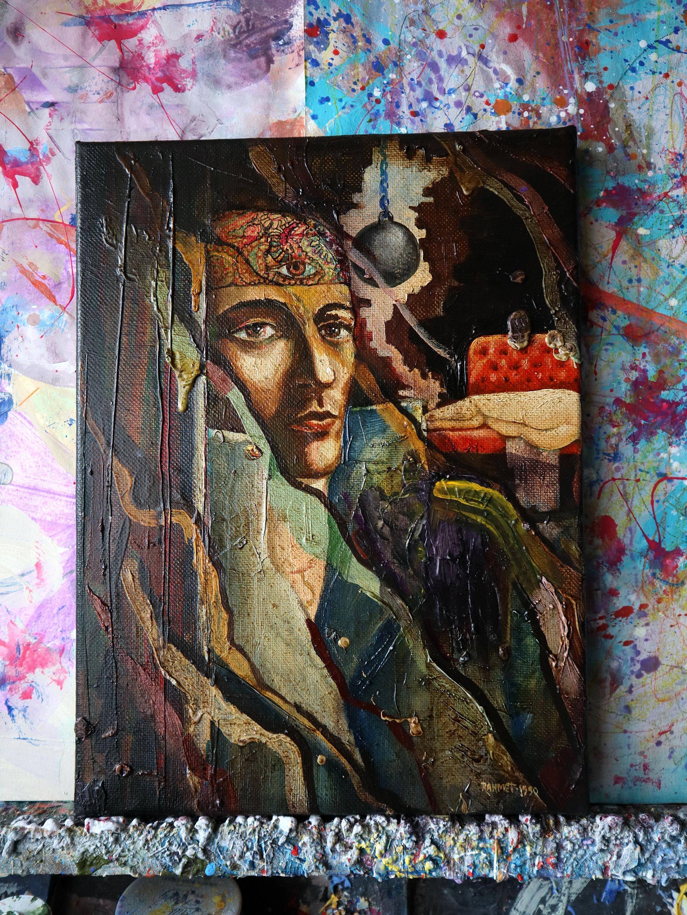 Self-Portrait 1990. original painting - Painting by RAKHMET REDZHEPOV (RAMZI)