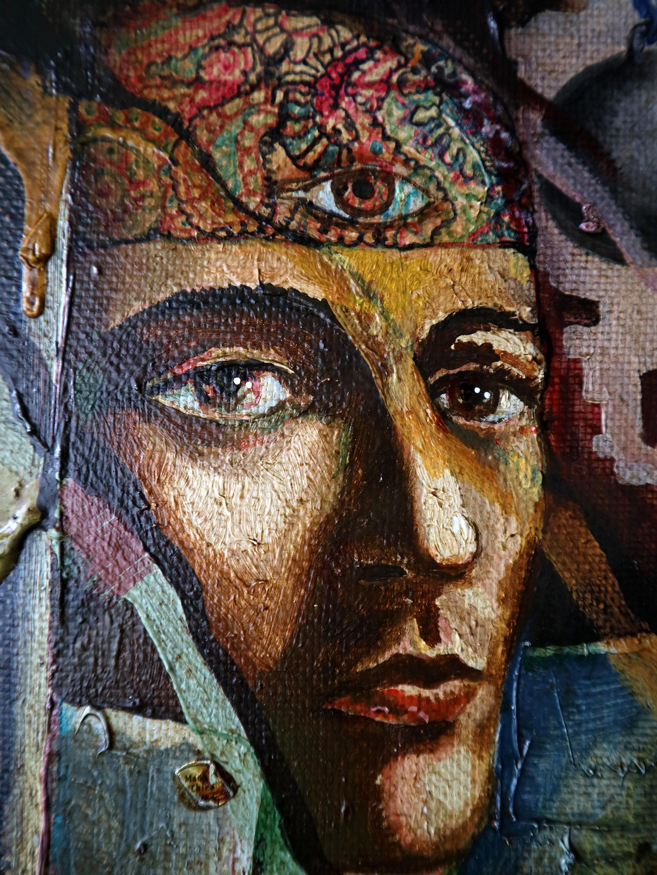 In this vivid tapestry of oil, I’ve melded realism with surreal touches, expressing raw emotion and inner conflict. Layers of impressionistic strokes convey a sense of time's fluidity, while the subject’s piercing gaze anchors us. It exudes an