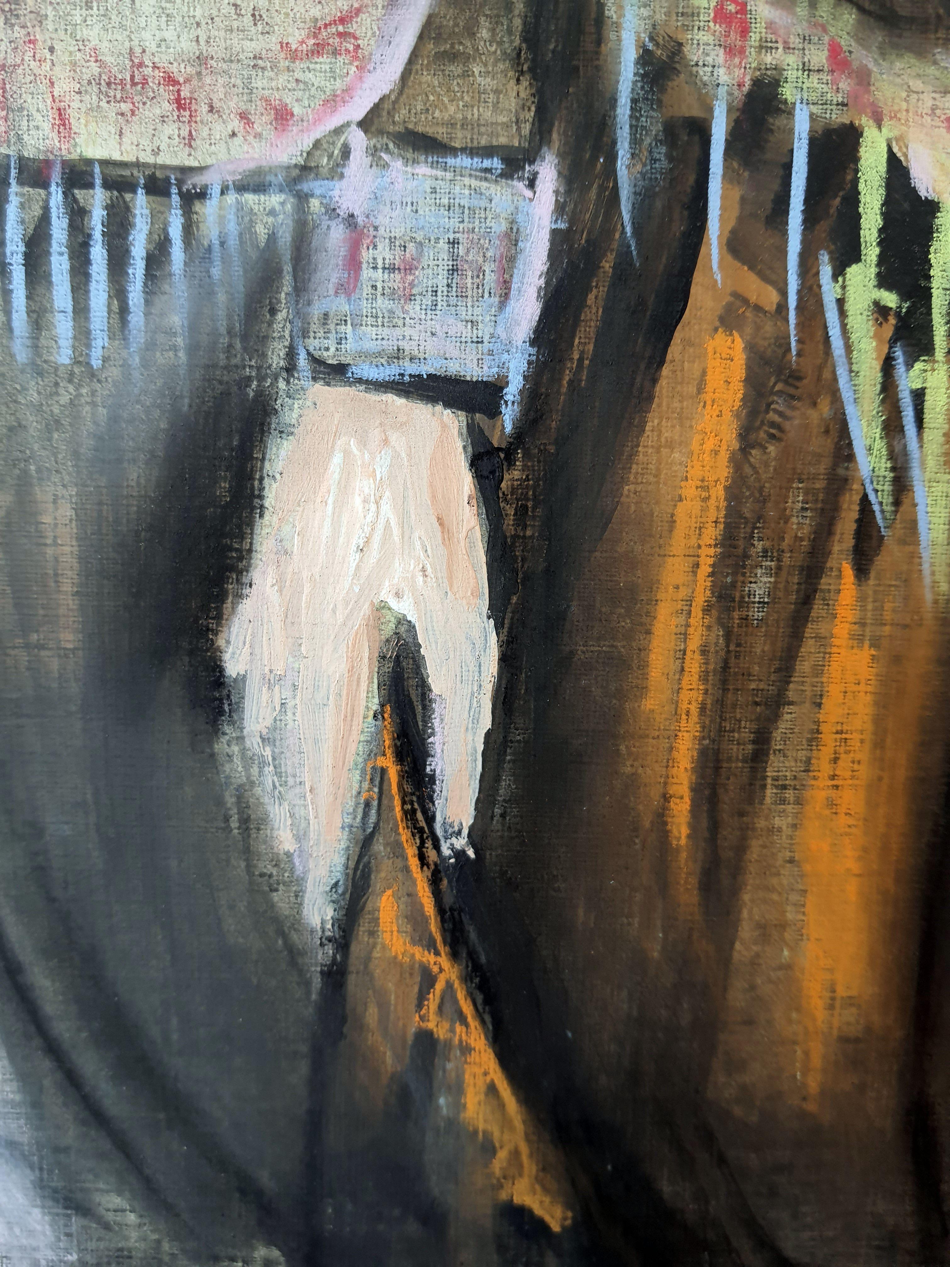 En esta pieza, he fusionado el realismo con elementos surrealistas, captando la gracia serena del sujeto y tejiendo al mismo tiempo un tapiz de emociones. Mis trazos de pastel y lápiz mezclan calidez y misterio, creando una sensación de profundidad