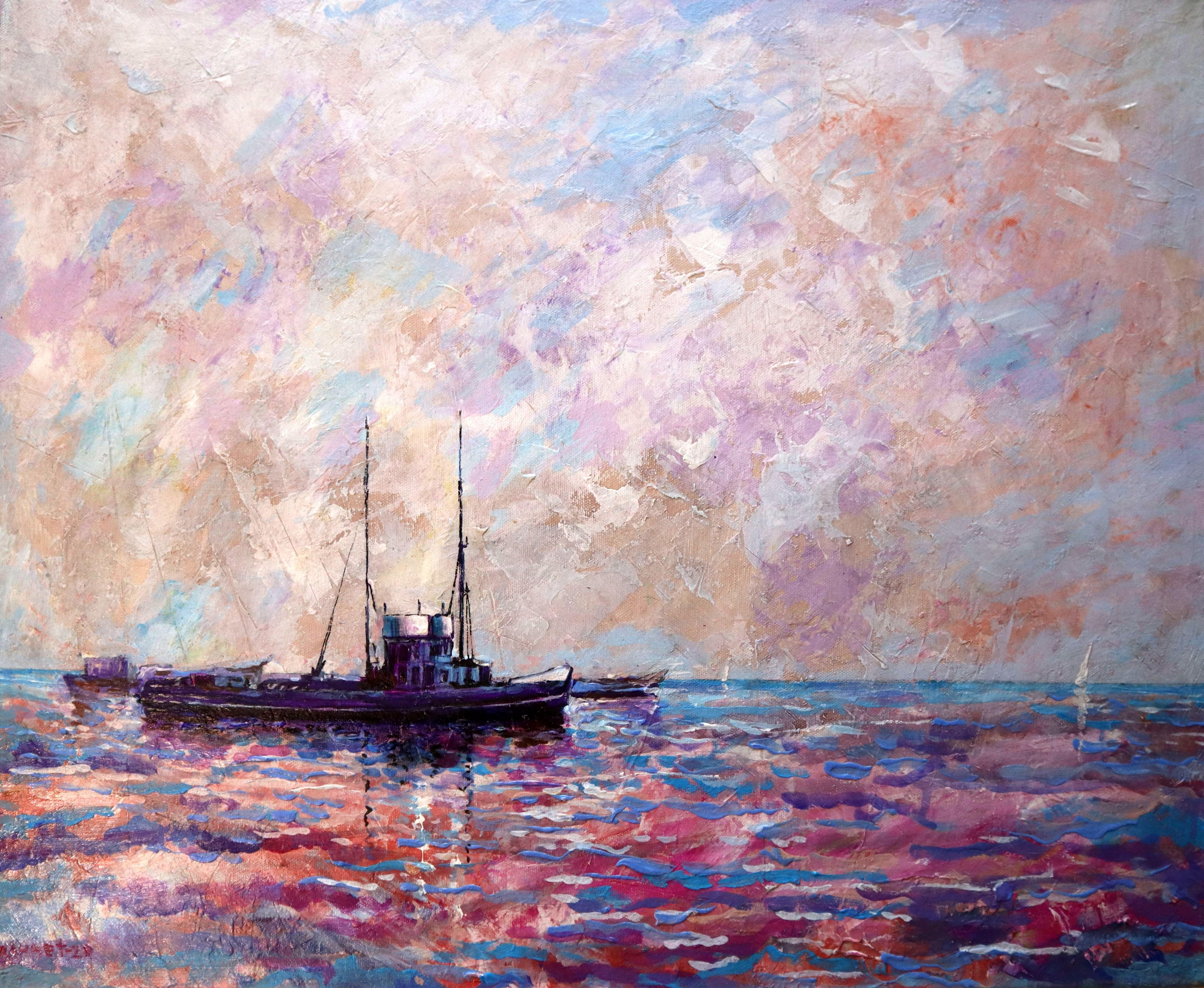 En esta obra, he mezclado acrílico y óleo para evocar un paisaje marino de ensueño, donde la tranquilidad se une a la vitalidad de un sol poniente. Es una danza expresiva de colores, que llega al alma del espectador para calmarle y vigorizarle. La