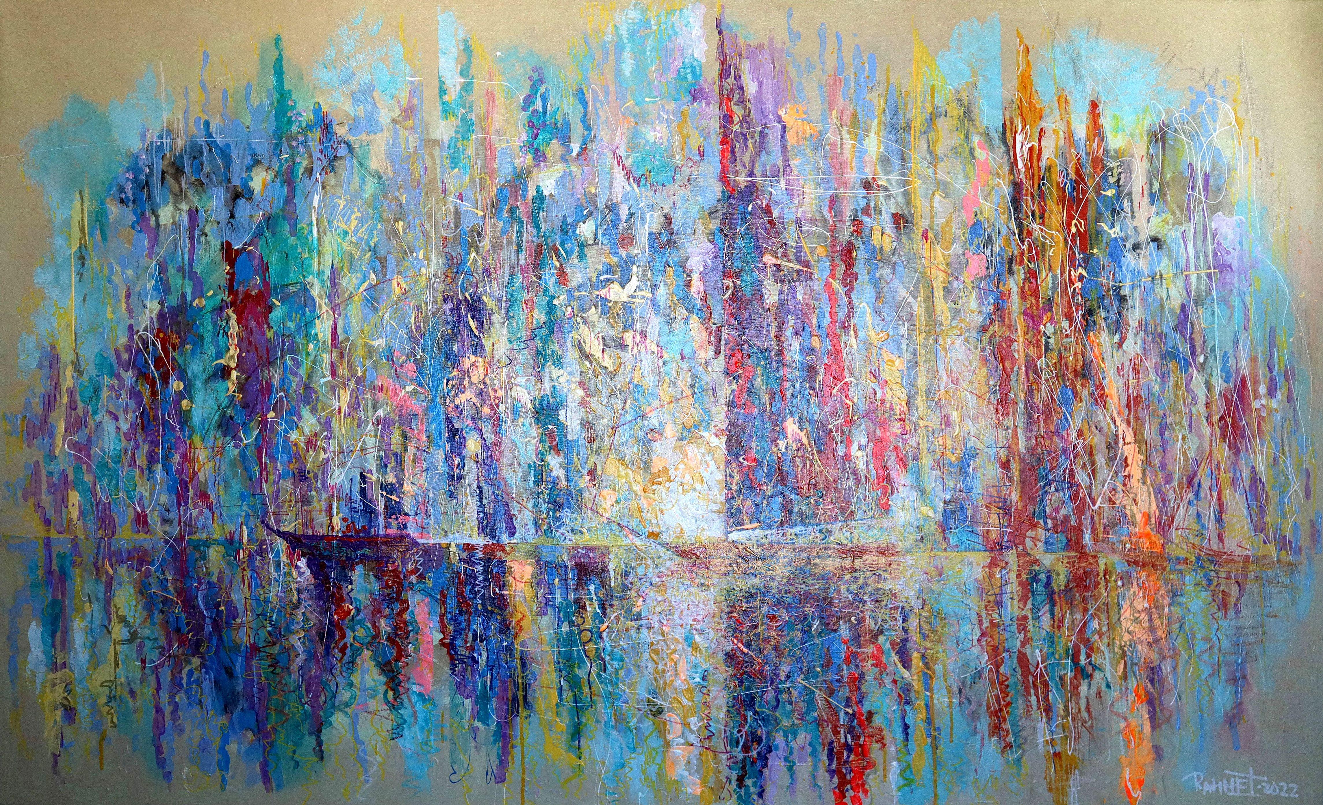 Solar Reggata 
In diesem schwungvollen Tanz aus Farbe und Textur habe ich Acryl, Öl und Ölpastell zu einer lebendigen Symphonie auf der Leinwand verschmolzen. Meine Pinselstriche werden von den rohen Emotionen des Expressionismus, der fließenden