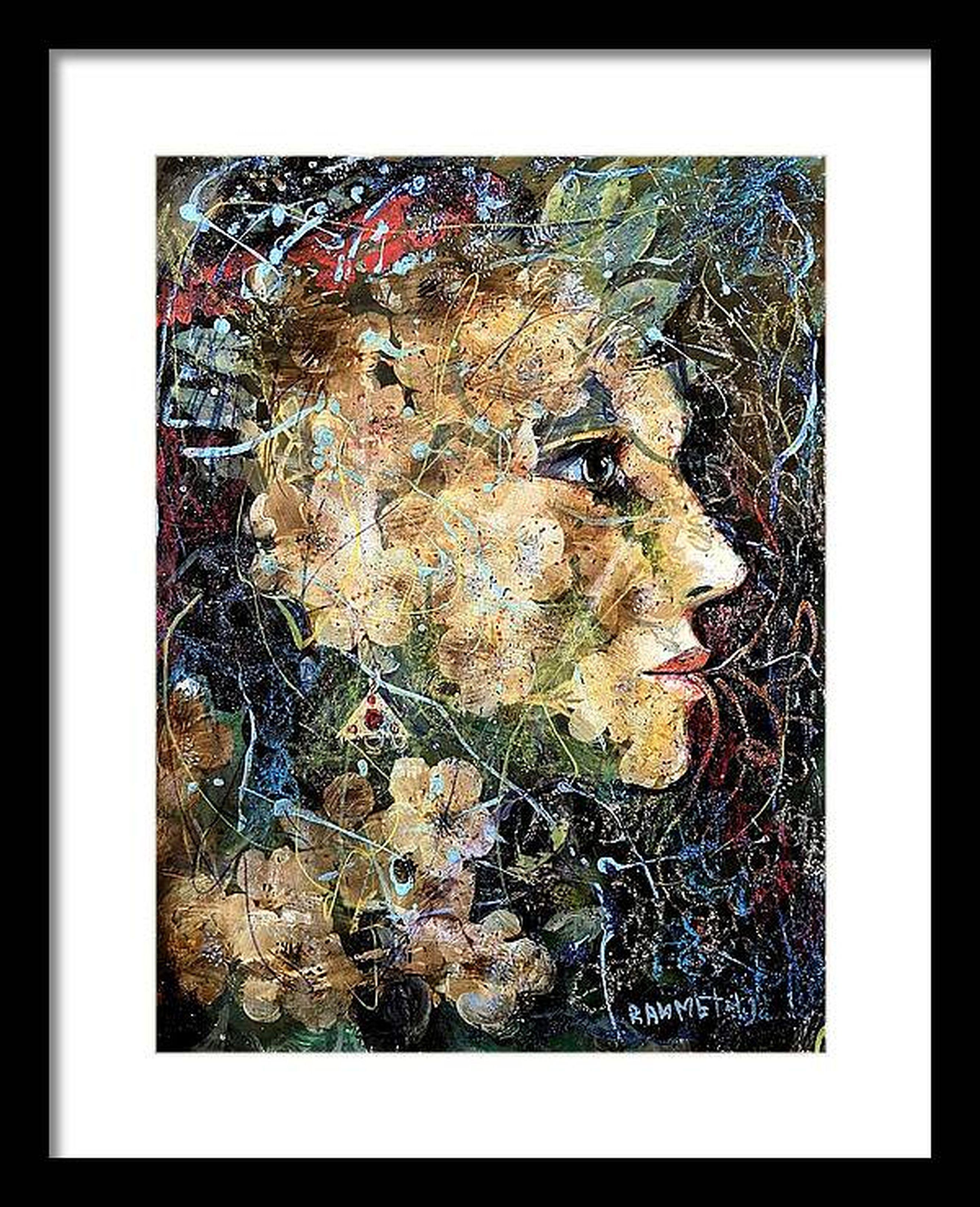 Sie erhalten es gerollt, in einer Tube.
Dieses Kunstwerk verbindet meisterhaft ein Profilporträt mit lebhaften floralen und abstrakten Elementen. Das Gesicht hebt sich anmutig von einem Hintergrund aus Erdtönen ab, der sich geschickt mit blühenden