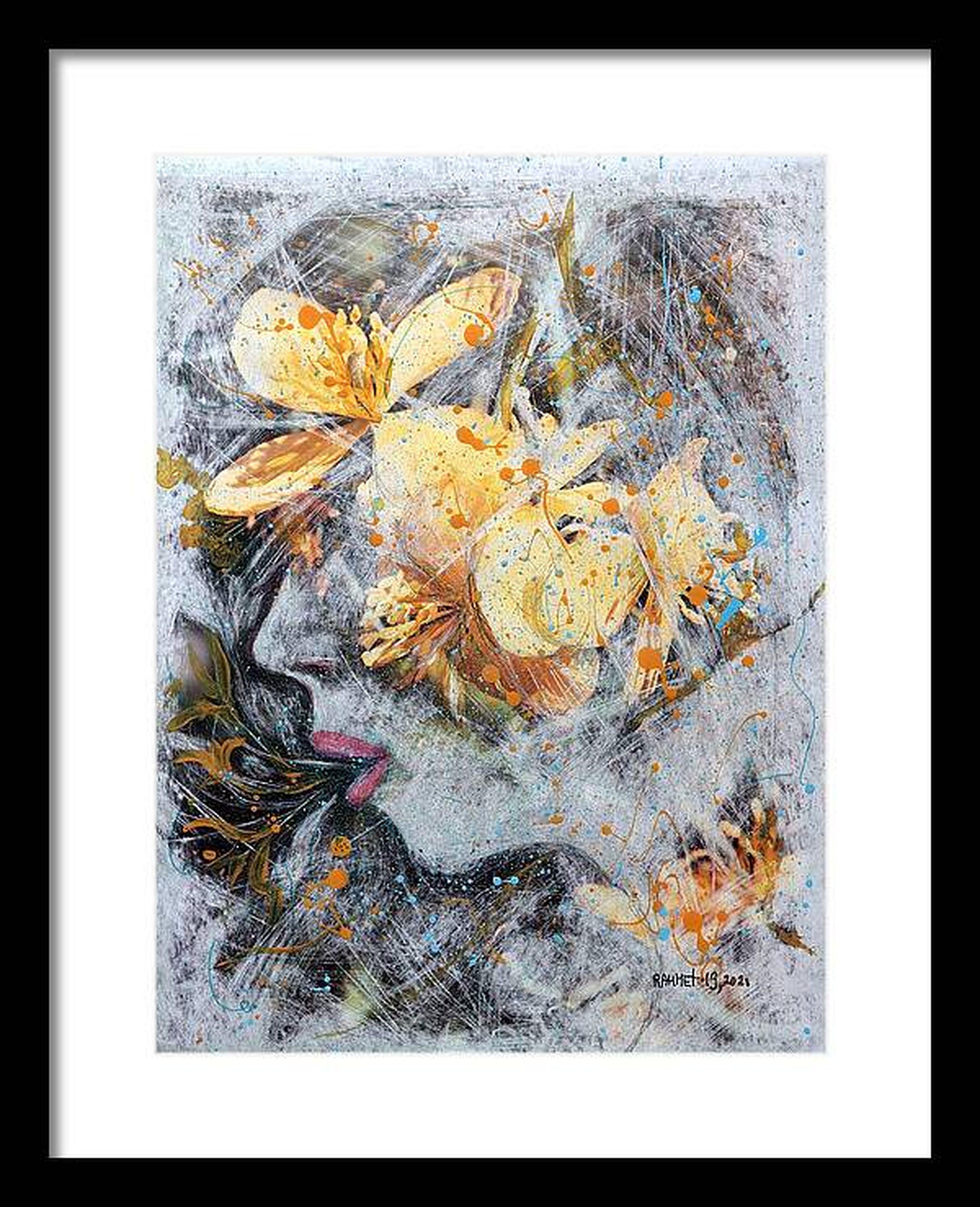 Vous le recevrez roulé, dans un tube.
Cette œuvre d'art intègre magistralement un portrait de profil avec des éléments floraux et abstraits vibrants. Le visage émerge gracieusement d'une toile de fond aux tons terreux, se mêlant habilement à des