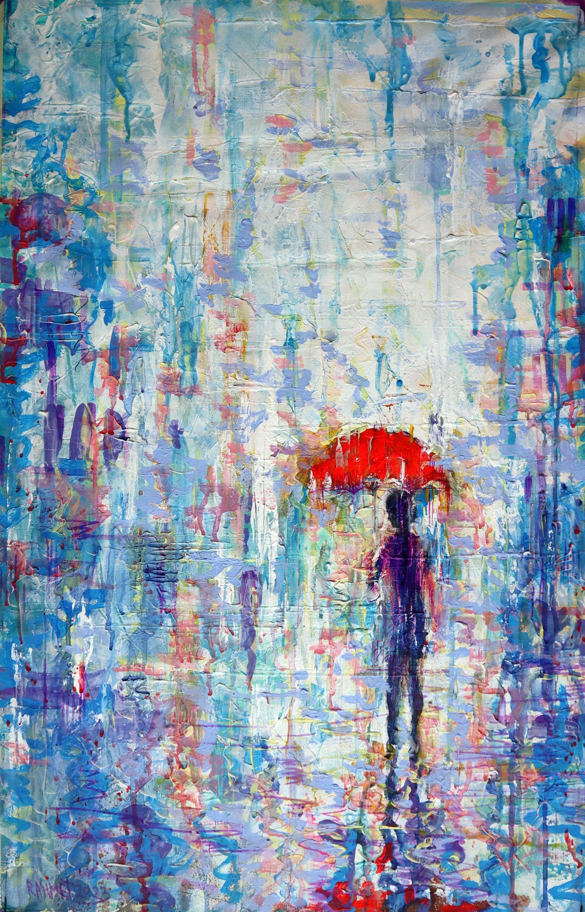 Dans ce tableau, j'ai mis toute mon âme à capturer l'essence d'un moment fugace et tendre au milieu de la pluie d'une ville animée. La danse rythmique des couleurs mêle la légèreté impressionniste à l'intensité expressionniste, créant un tableau à