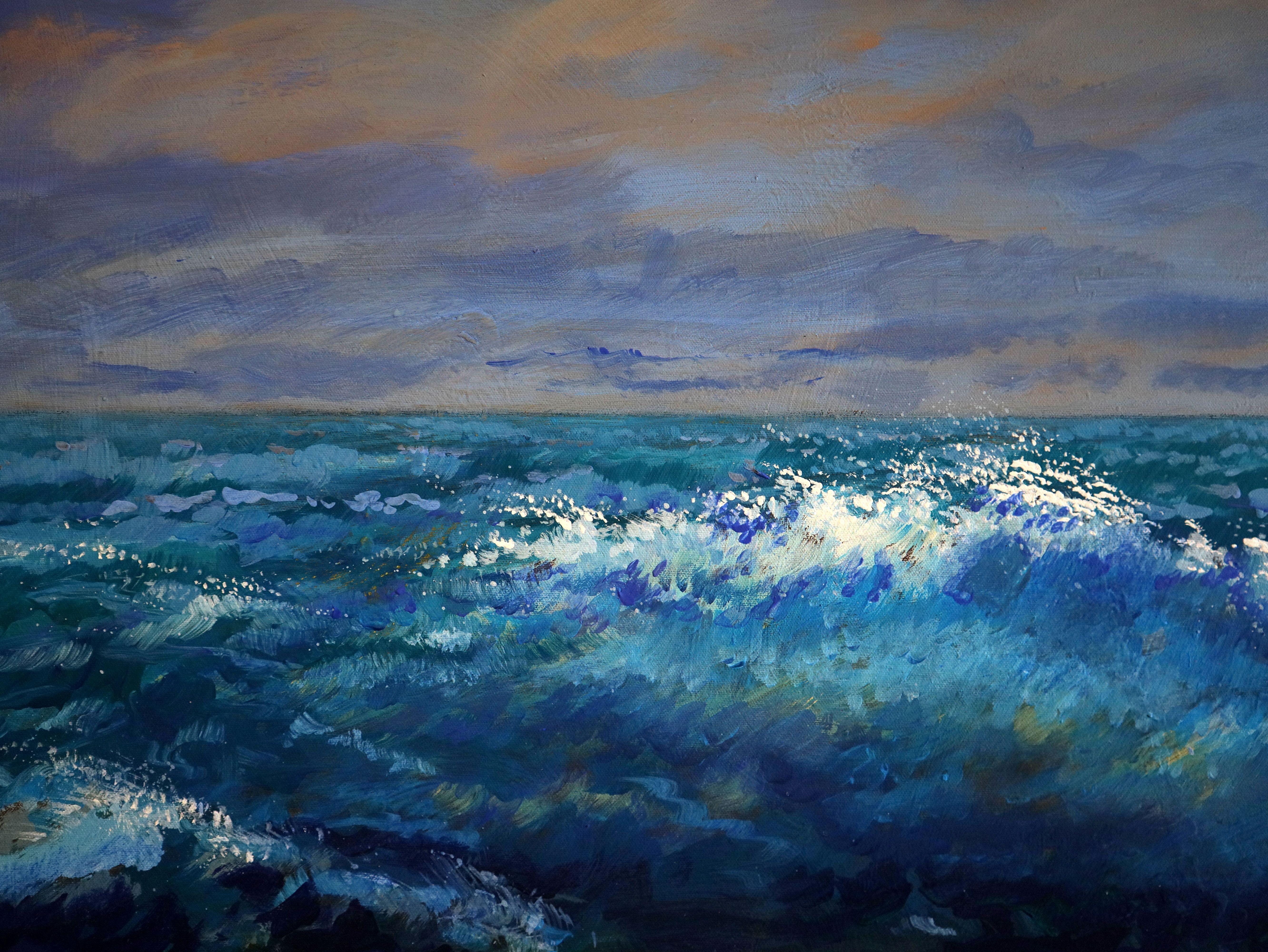 In this vivid fusion of acrylic and oil, I've captured the raw energy of the sea clashing against the stoic rocks, framed by a dynamic sky. My brushstrokes dance between realism and impressionism, evoking the power of nature. This piece pulses with