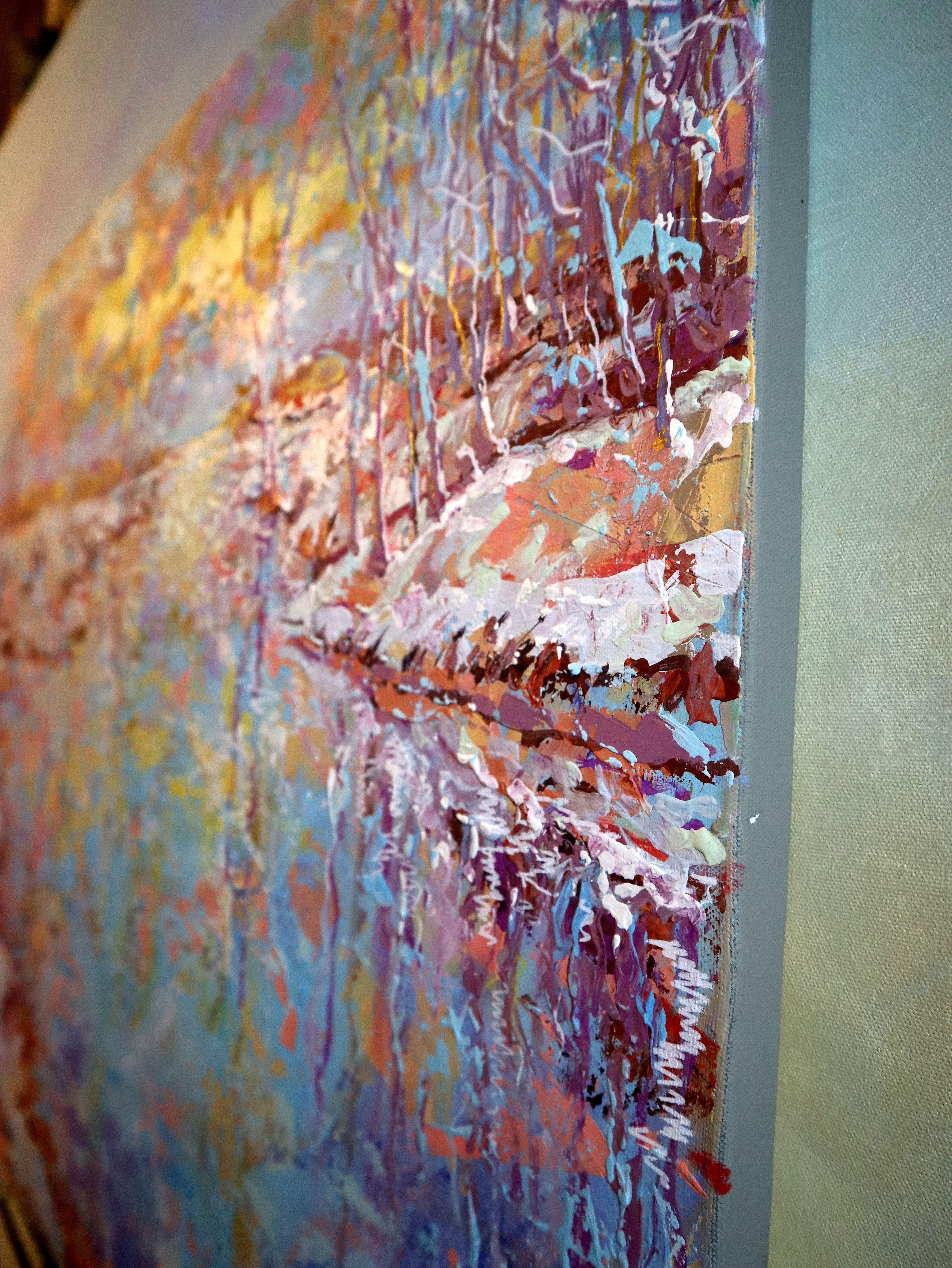 Auf dieser Leinwand habe ich Acryl- und Ölfarben übereinander geschichtet, um die transformative Energie der Natur einzufangen, wenn sie den Winter umarmt. Meine Pinselstriche tanzen mit den Farben und laden zu impressionistischen Einblicken in die