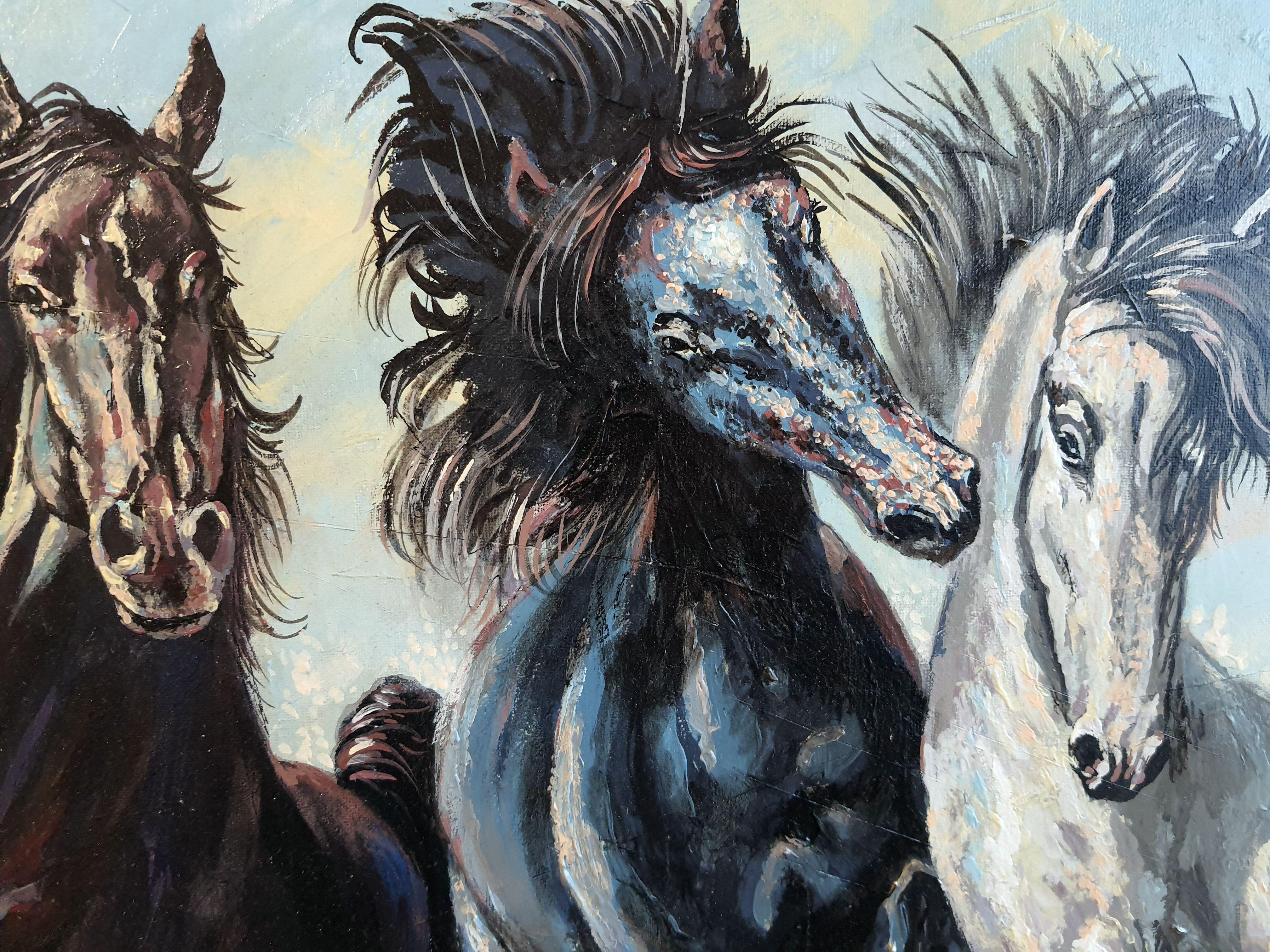 En créant cette œuvre vibrante, j'ai combiné l'acrylique et l'huile pour donner vie à une scène dynamique qui fusionne le réalisme avec des touches d'impressionnisme. Chaque trait capture l'énergie brute et la grâce majestueuse de ces créatures
