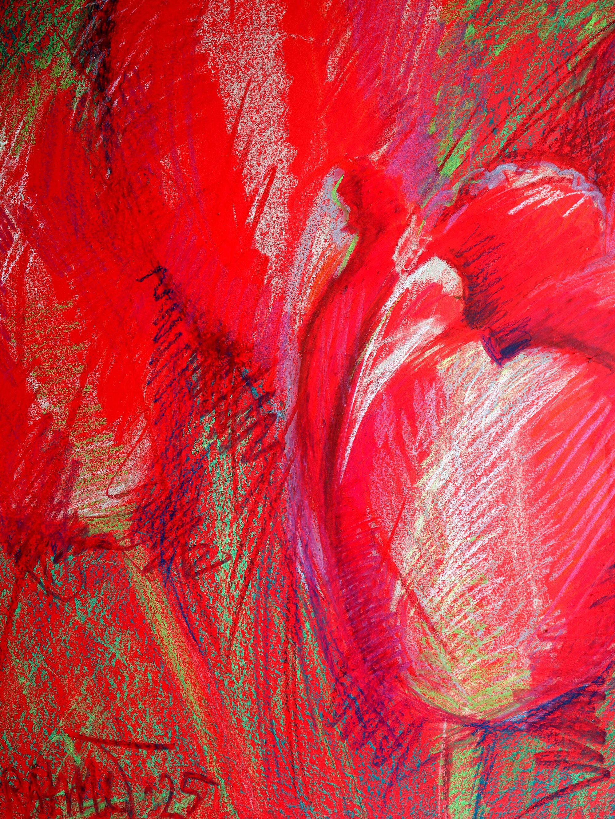 With bold strokes of acrylic, vibrant oil pastels, and lively colored pencils, I poured my heart into this piece. The red tulips pulse with energy and passion, blending expressionism’s emotion, impressionism’s light, and pop art’s vividness. This