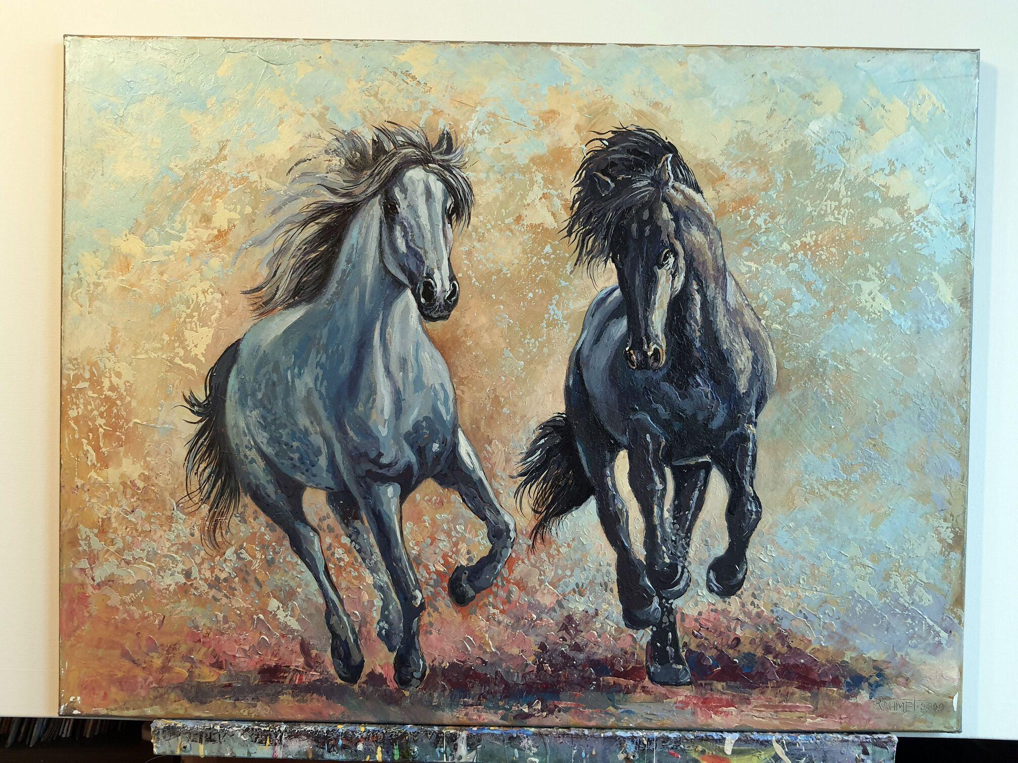 In diesem Gemälde habe ich leidenschaftlich Realismus mit einem Hauch von Impressionismus gemischt und Acryl und Öl verwendet, um die wilde Anmut dieser majestätischen Kreaturen einzufangen. Die strukturierten Striche und leuchtenden Farben