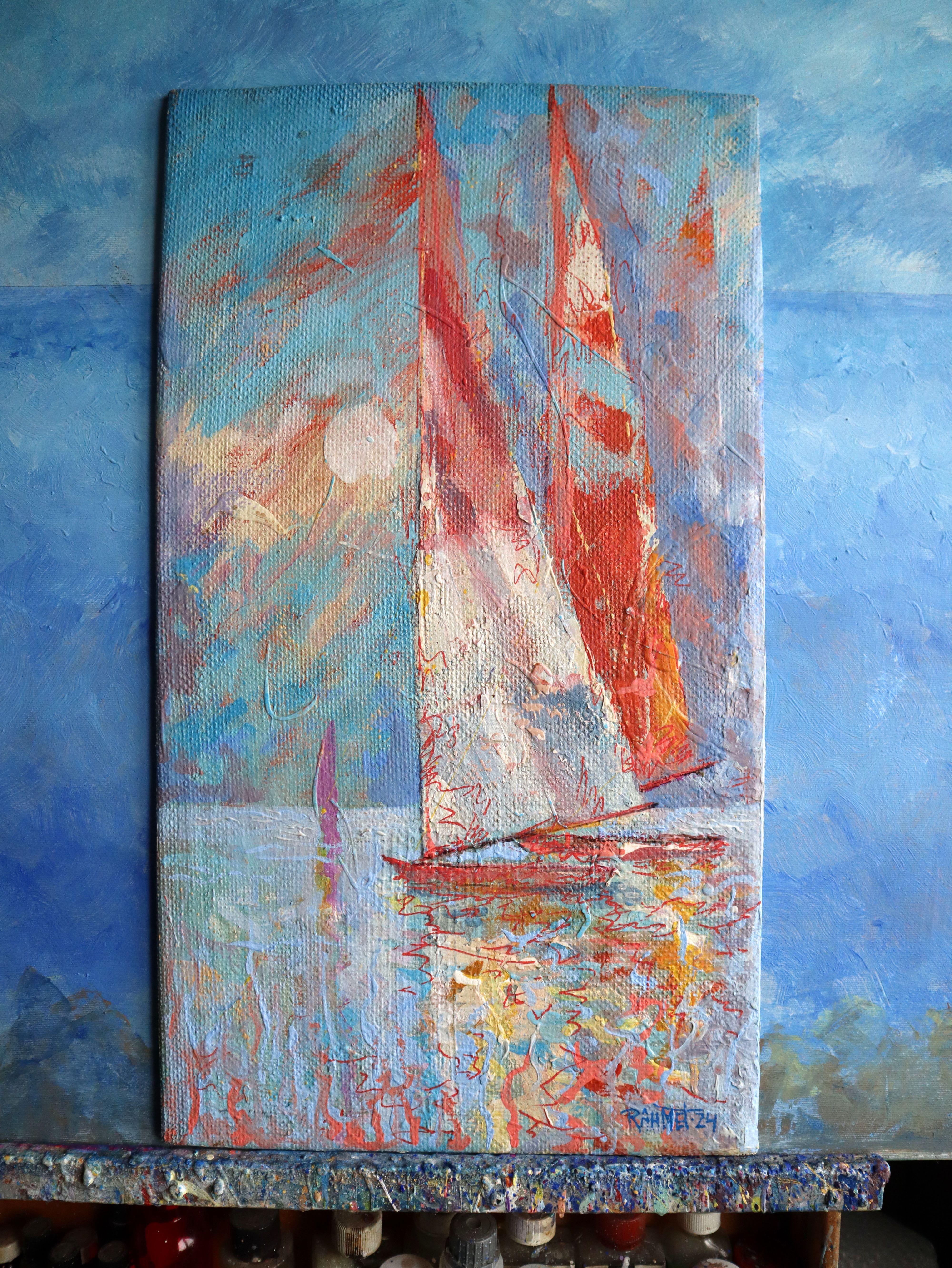 In diesem Tanz aus Acryl und Öl habe ich mir Expressionismus und Impressionismus zunutze gemacht, um die flüchtige Essenz von Ruhe und Bewegung einzufangen. Mit leuchtenden Farben und kühnen Strichen habe ich die Harmonie von Segeln gegen den