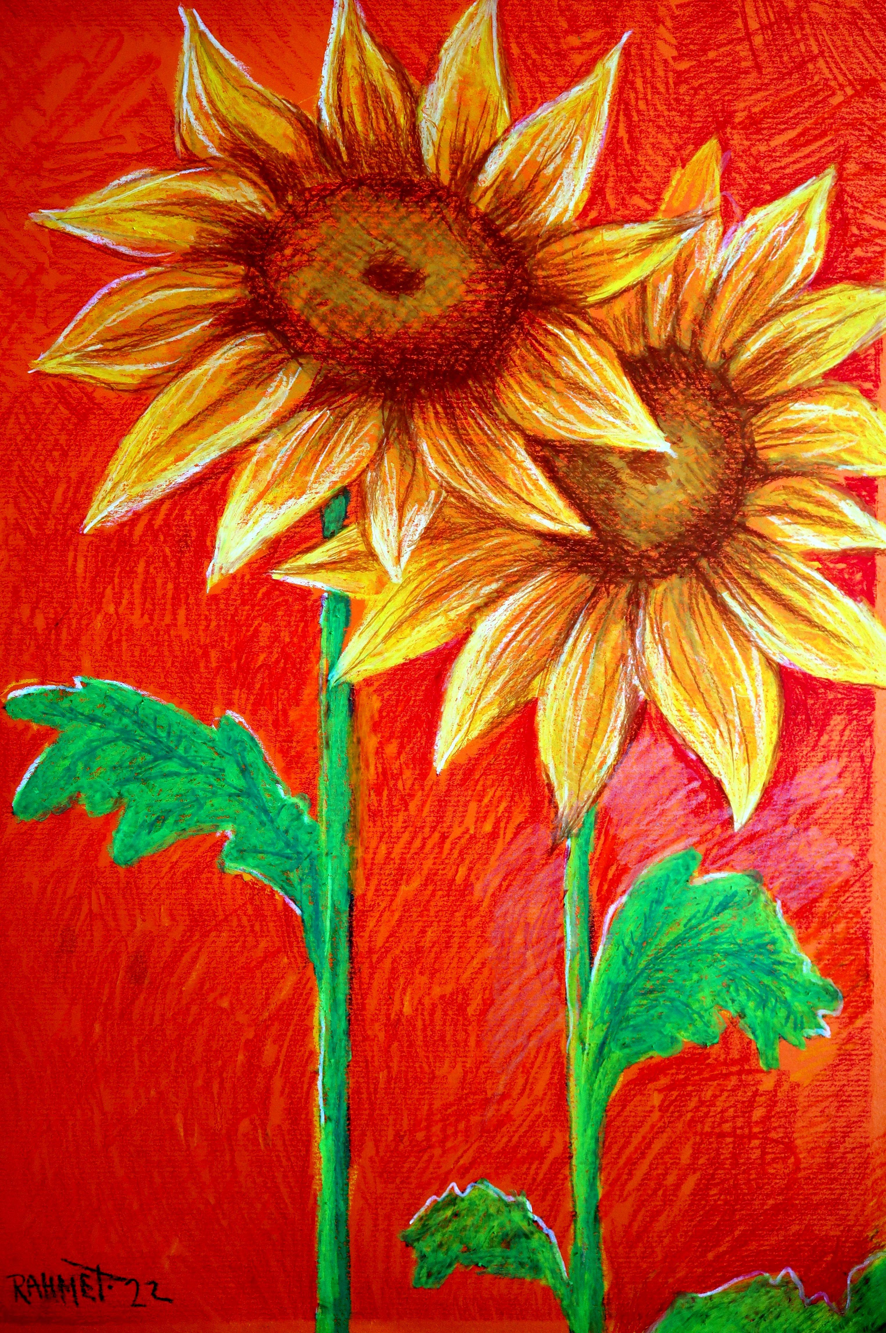 Dos girasoles - Still-Life Painting Rojo de RAKHMET REDZHEPOV (RAMZI)