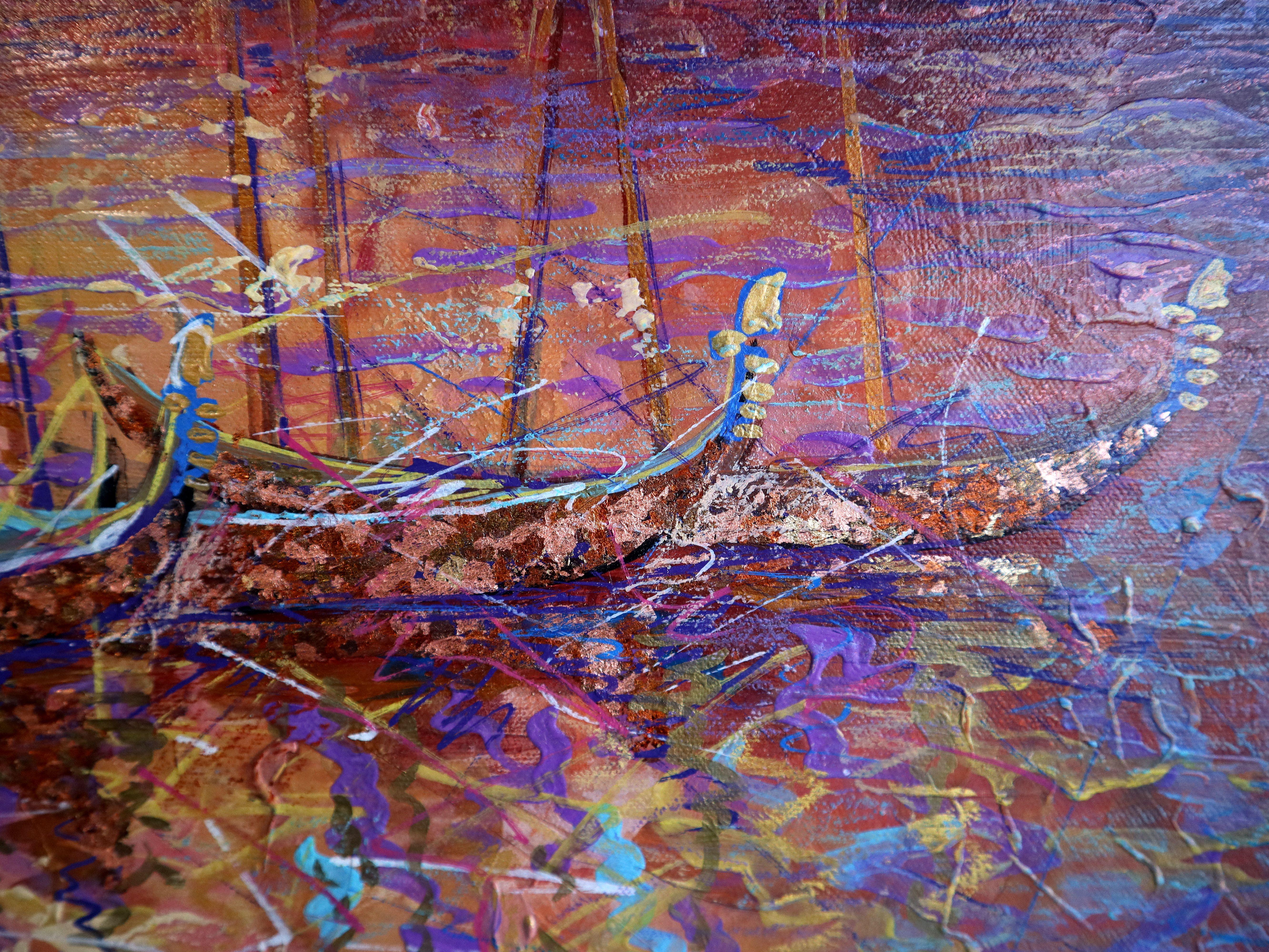 In meiner Kreation habe ich Acryl- und Ölfarben mit Ölpastellkreiden übereinander geschichtet, um einen Wandteppich aus Licht und Farbe zu weben, der die vergängliche Schönheit eines Augenblicks festhält. Diese Mischung aus Expressionismus und
