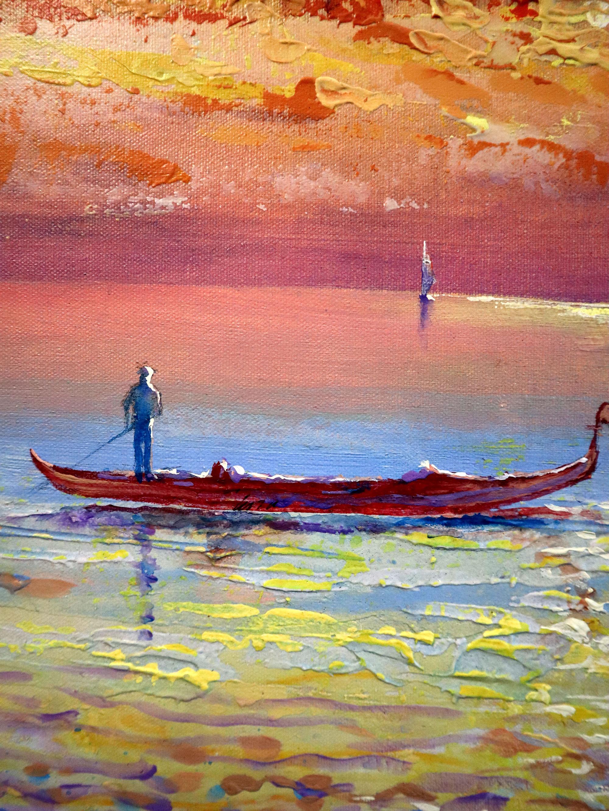 In meinem Werk habe ich mit ausdrucksstarken Pinselstrichen und einer leuchtenden Farbpalette den Reiz einer ruhigen, vom Sonnenuntergang geprägten Szene eingefangen. Die Gondeln ruhen sanft auf dem schimmernden Wasser, unter einem Himmel, der in