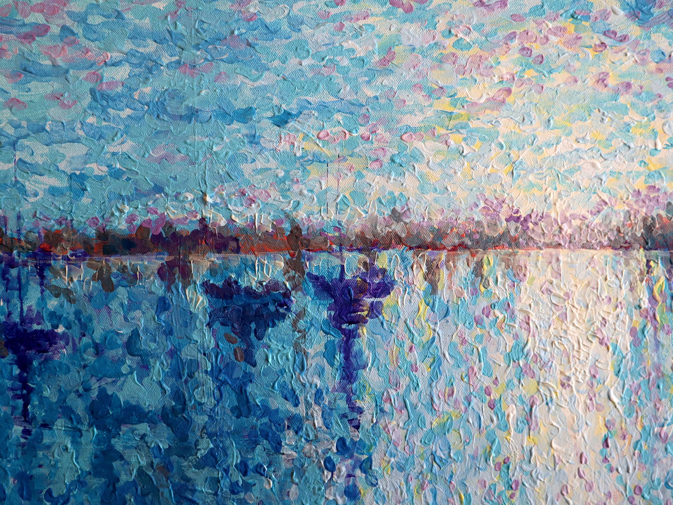 In questo dipinto, ho incanalato la fluidità e la profondità dell'oceano attraverso una miscela di espressionismo e impressionismo. Utilizzando acrilico e olio, esploro la danza ritmica della luce e del riflesso. I blu sereni e le texture rilassanti