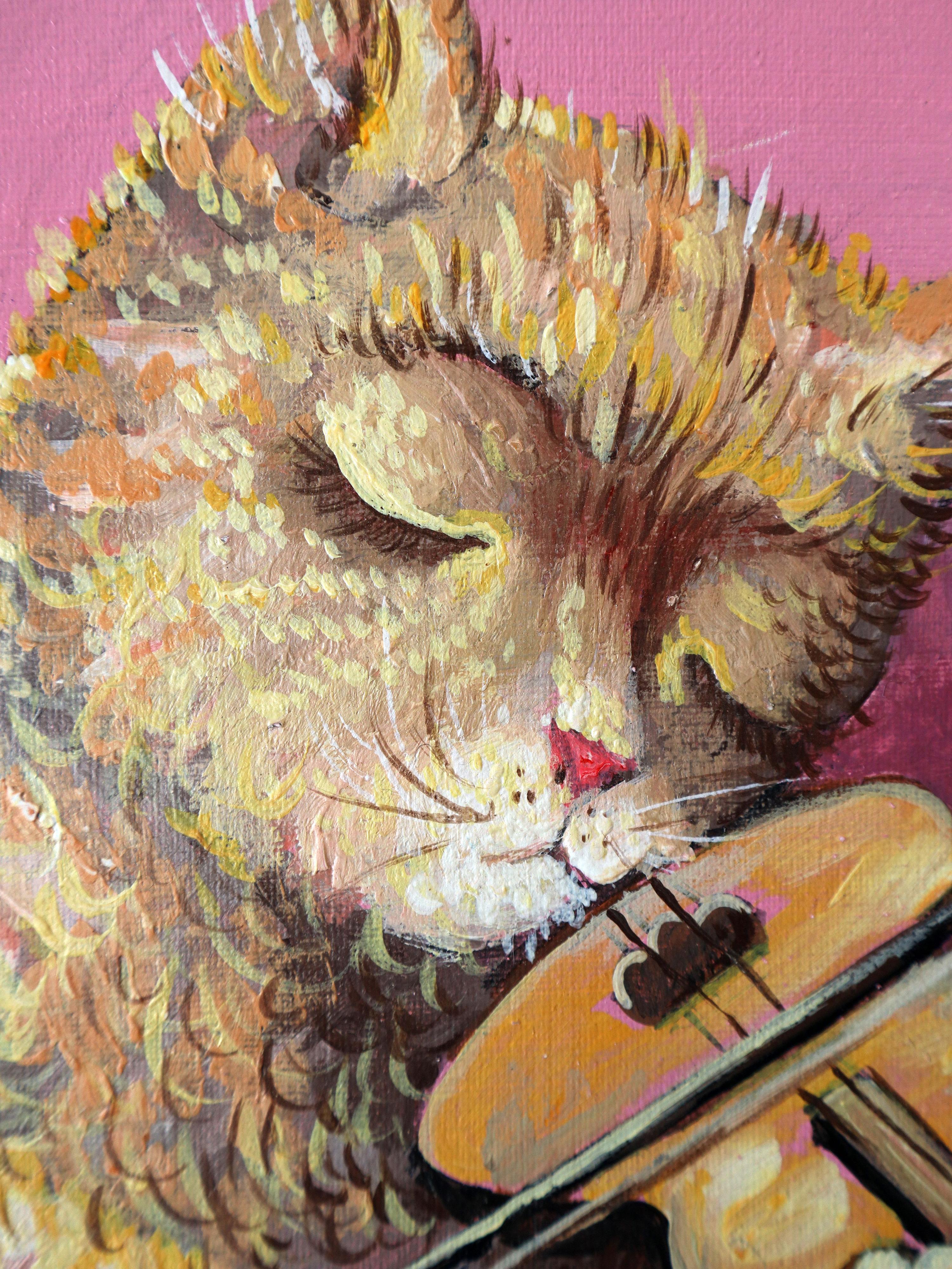 Nel creare questo pezzo, ho riversato il mio cuore in ogni pennellata, mescolando acrilici e oli per dare vita a un'affascinante creatura immersa nella musica. Ho intrecciato l'arte ingenua con un tocco di primitivismo e di impressionismo, con
