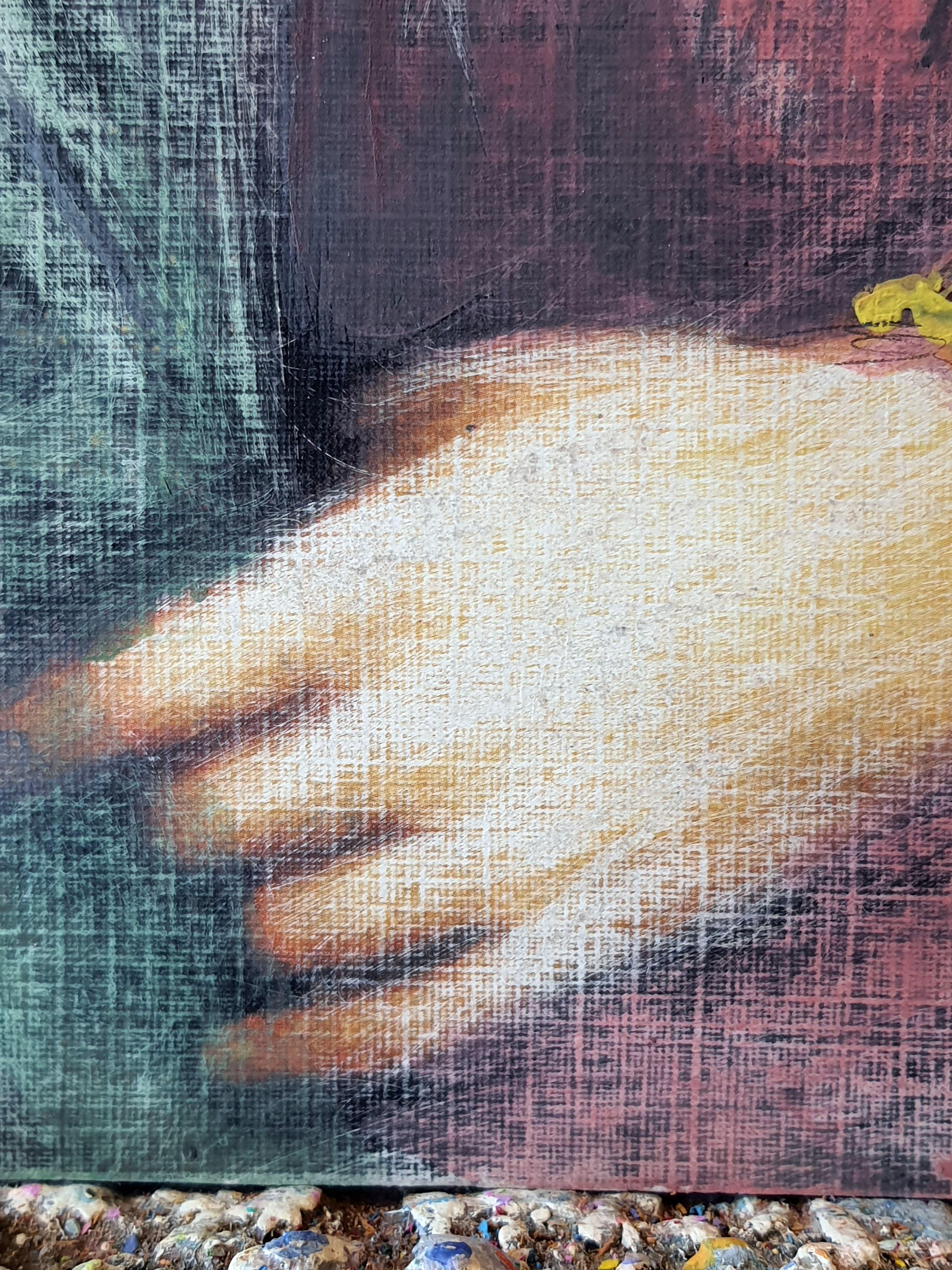 In diesem Kunstwerk vermische ich die Texturen von Pastell und Bleistift mit Strichen, die das Detail des Realismus und die träumerische Aura des Surrealismus hervorrufen. Der ausdrucksstarke, im Expressionismus verwurzelte Blick des Subjekts wird