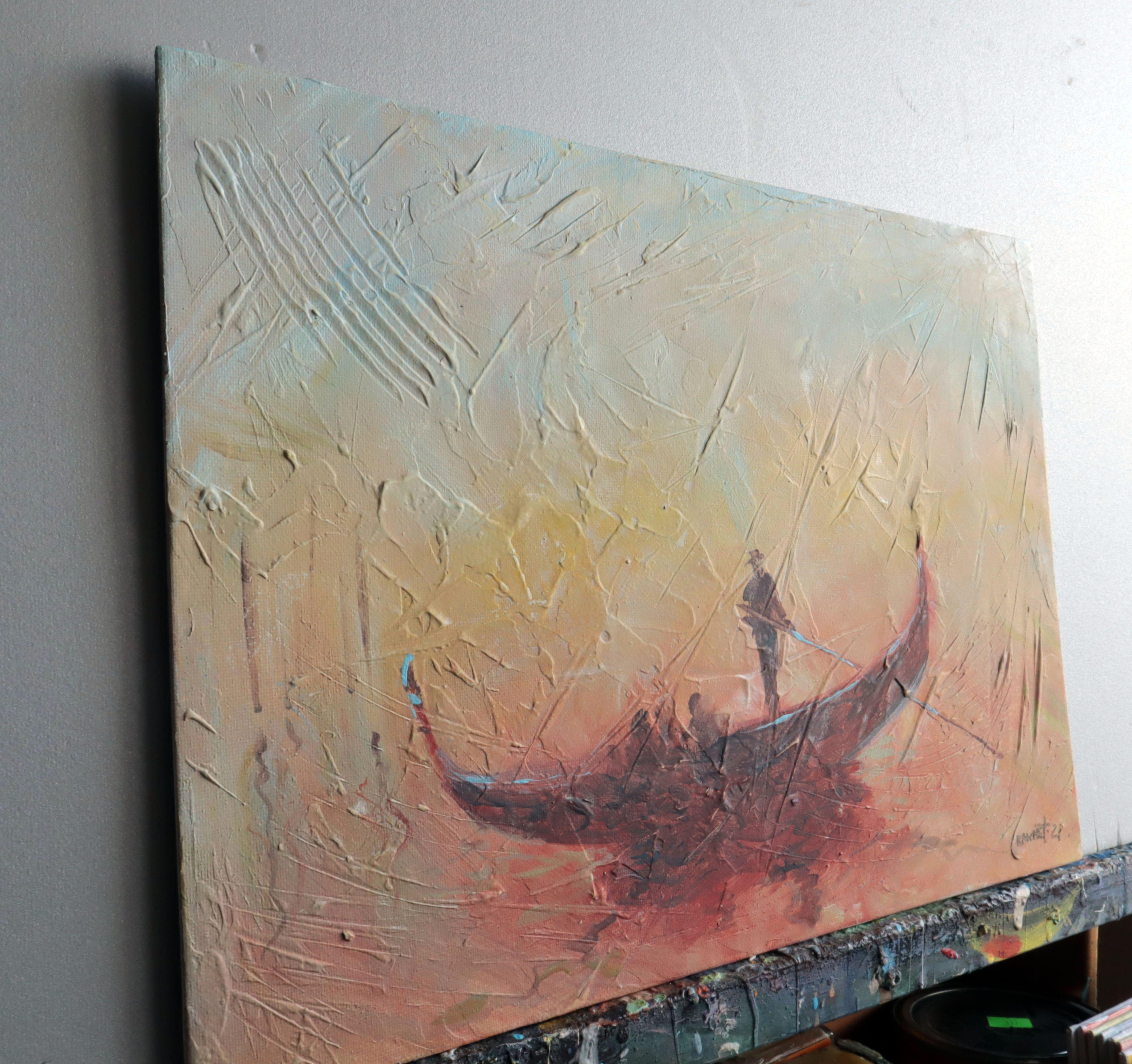Dans cette création viscérale, j'ai mélangé l'acrylique et l'huile pour capturer l'aura romantique d'une ville baignée par la pluie. Mes coups de pinceau, empreints de réalisme et d'expressionnisme, dansent avec les teintes et les textures