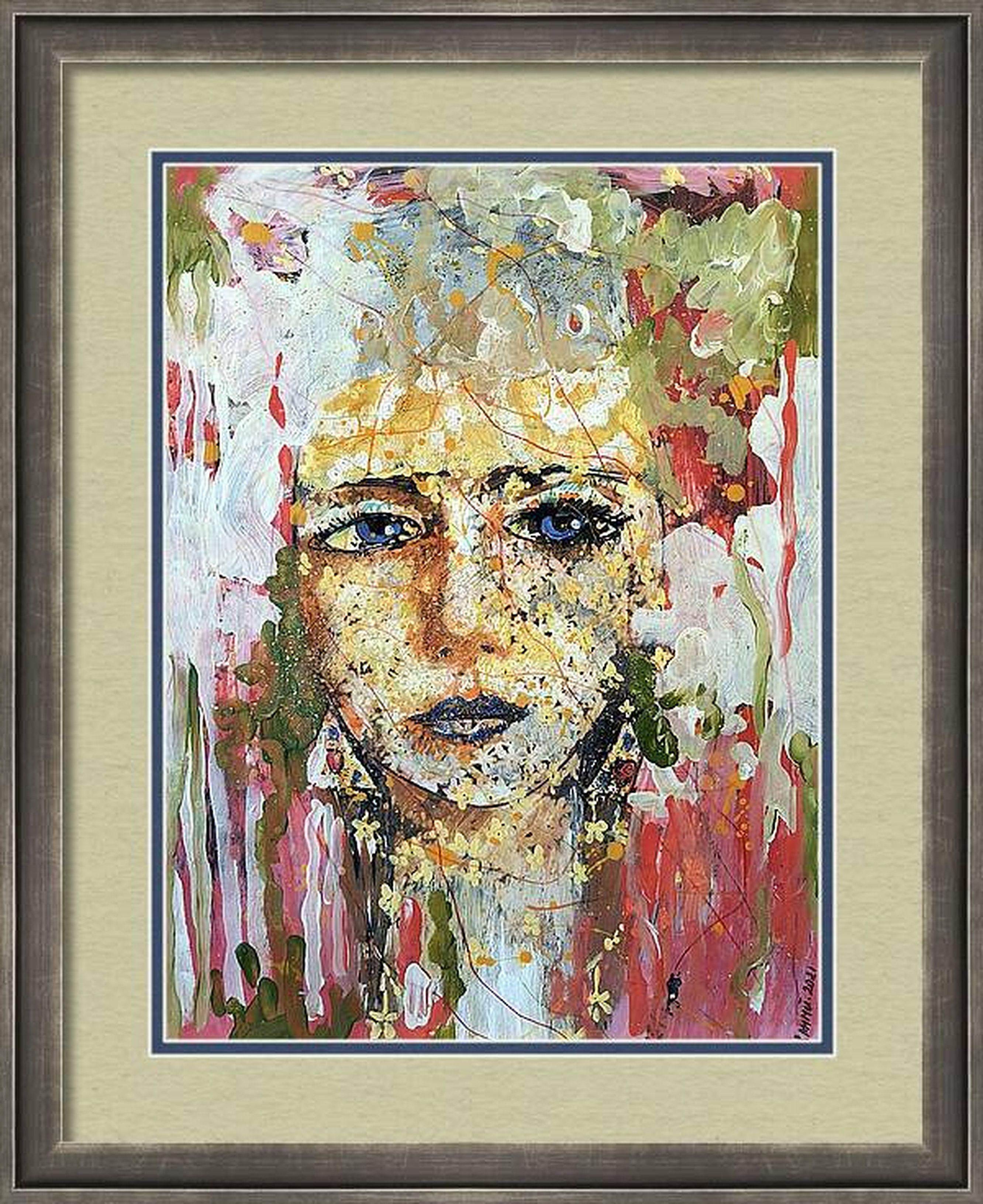 Vous le recevrez roulé, dans un tube.
Cette œuvre d'art présente un portrait envoûtant, mêlant habilement des éléments abstraits et figuratifs. Le point central est un visage saisissant, rendu avec des bleus vifs pour les yeux et les lèvres, ce qui