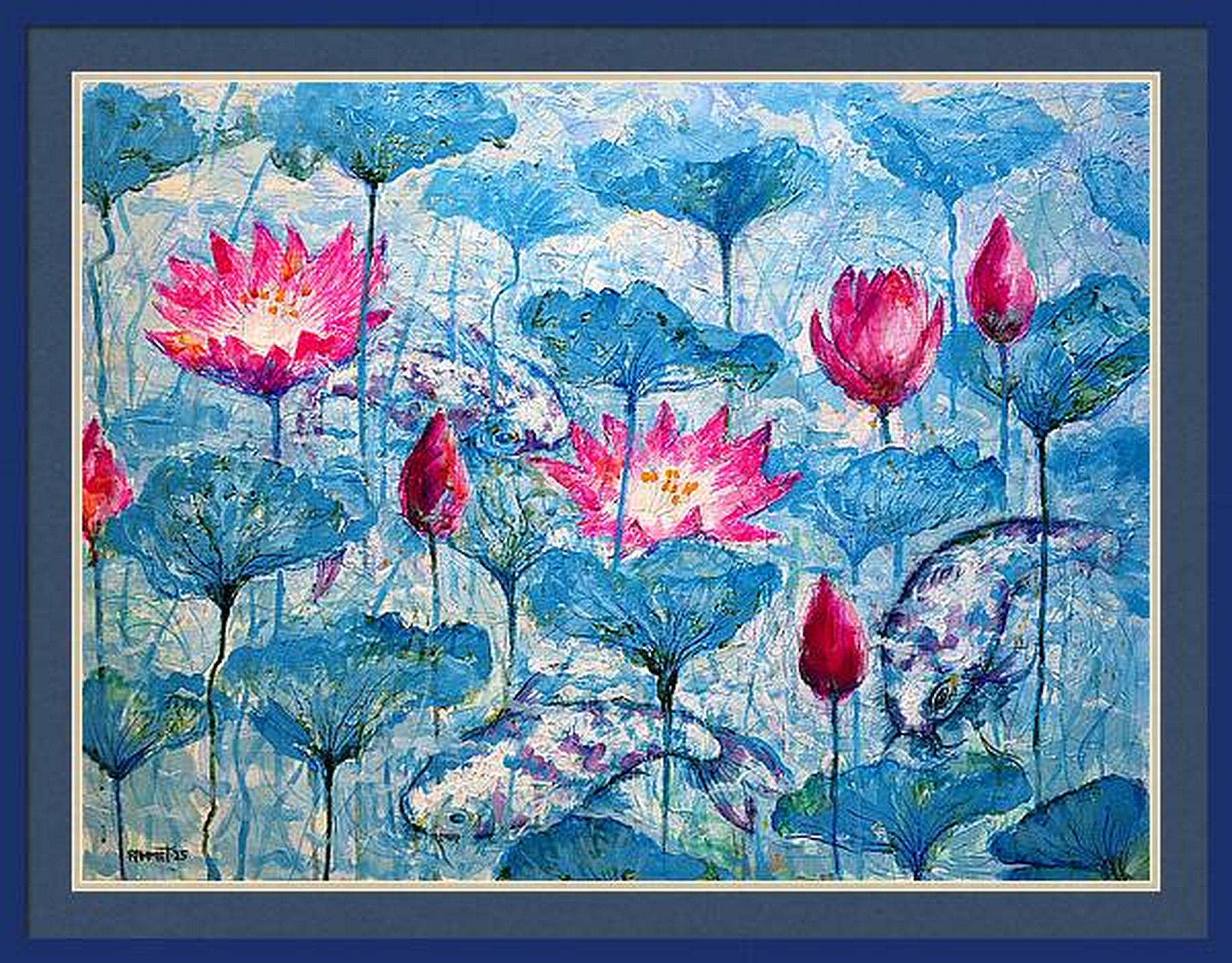 Nénuphars et poissons koï - Impressionnisme Painting par RAKHMET REDZHEPOV (RAMZI)