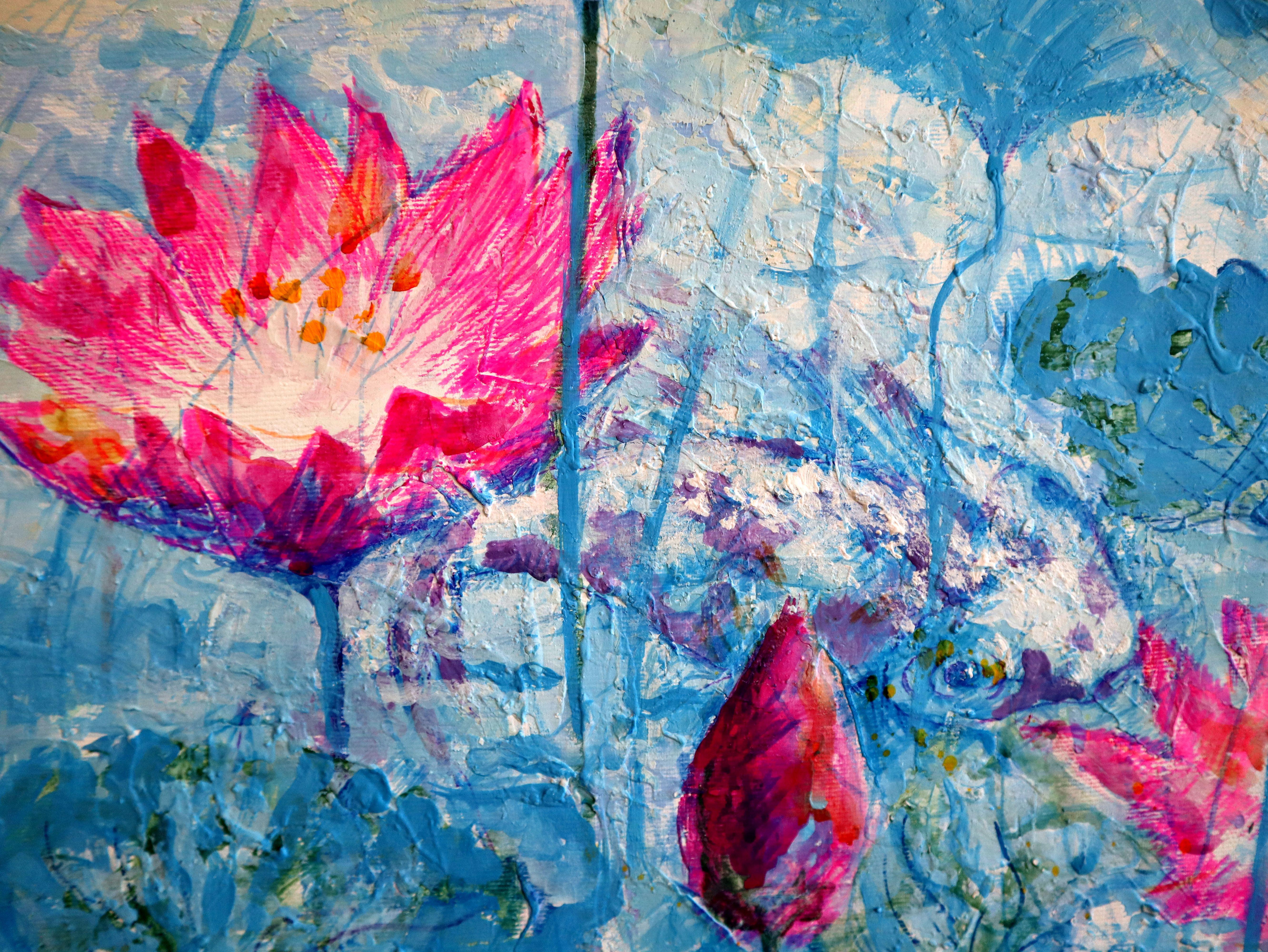 Dans cette peinture, j'ai déversé ma passion pour la vie vibrante et la beauté sereine dans chaque coup de pinceau. Le mélange d'impressionnisme et de réalisme capture la danse délicate des nénuphars et des poissons koi sous un ciel bleu paisible.