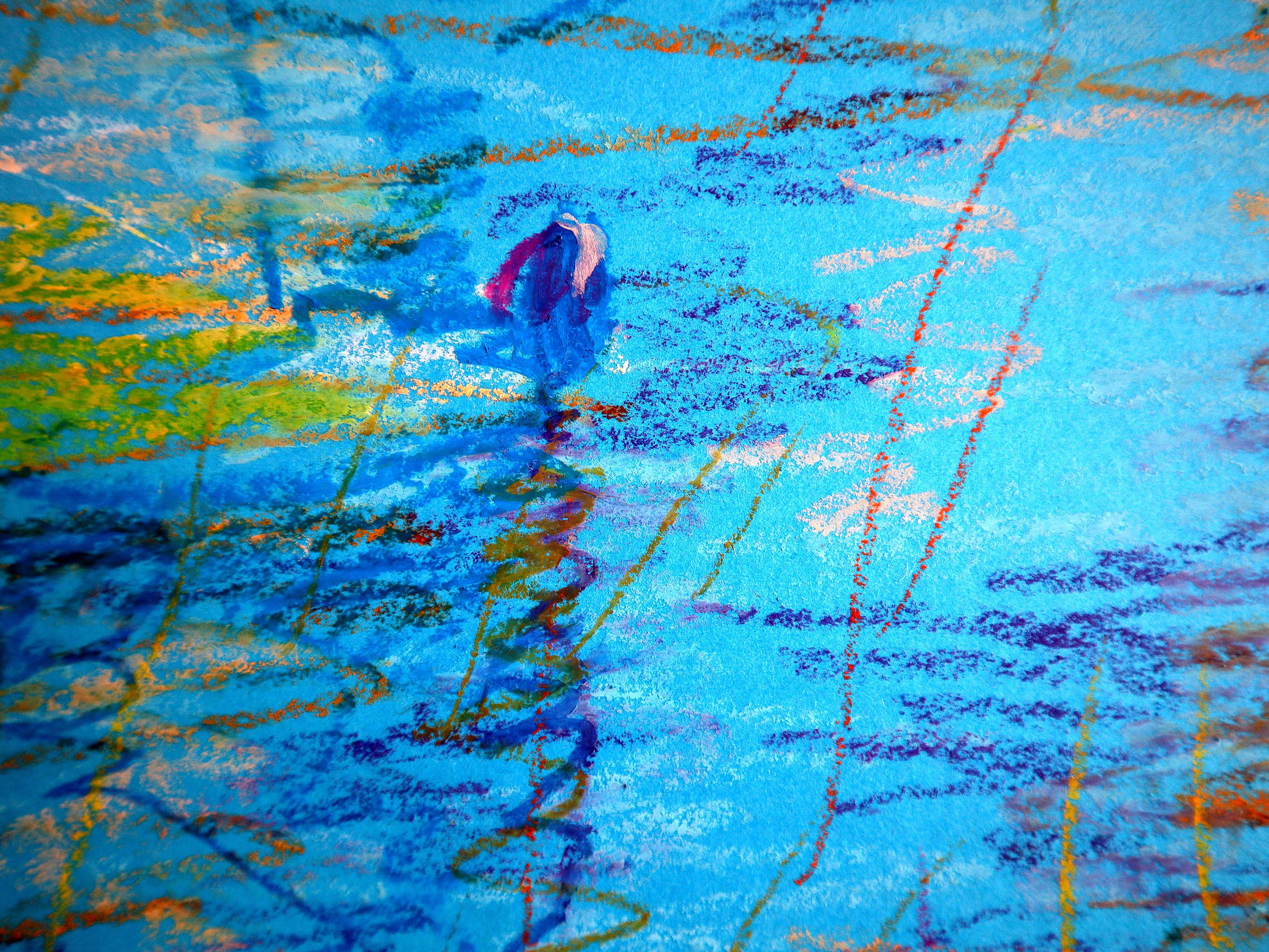 En créant cette pièce, j'ai été captivée par la danse vive des couleurs et des émotions. Utilisant le pastel à l'huile et le crayon de couleur, mes traits sont chargés de l'excitation du pop art, de l'expressivité brute de l'expressionnisme et de la