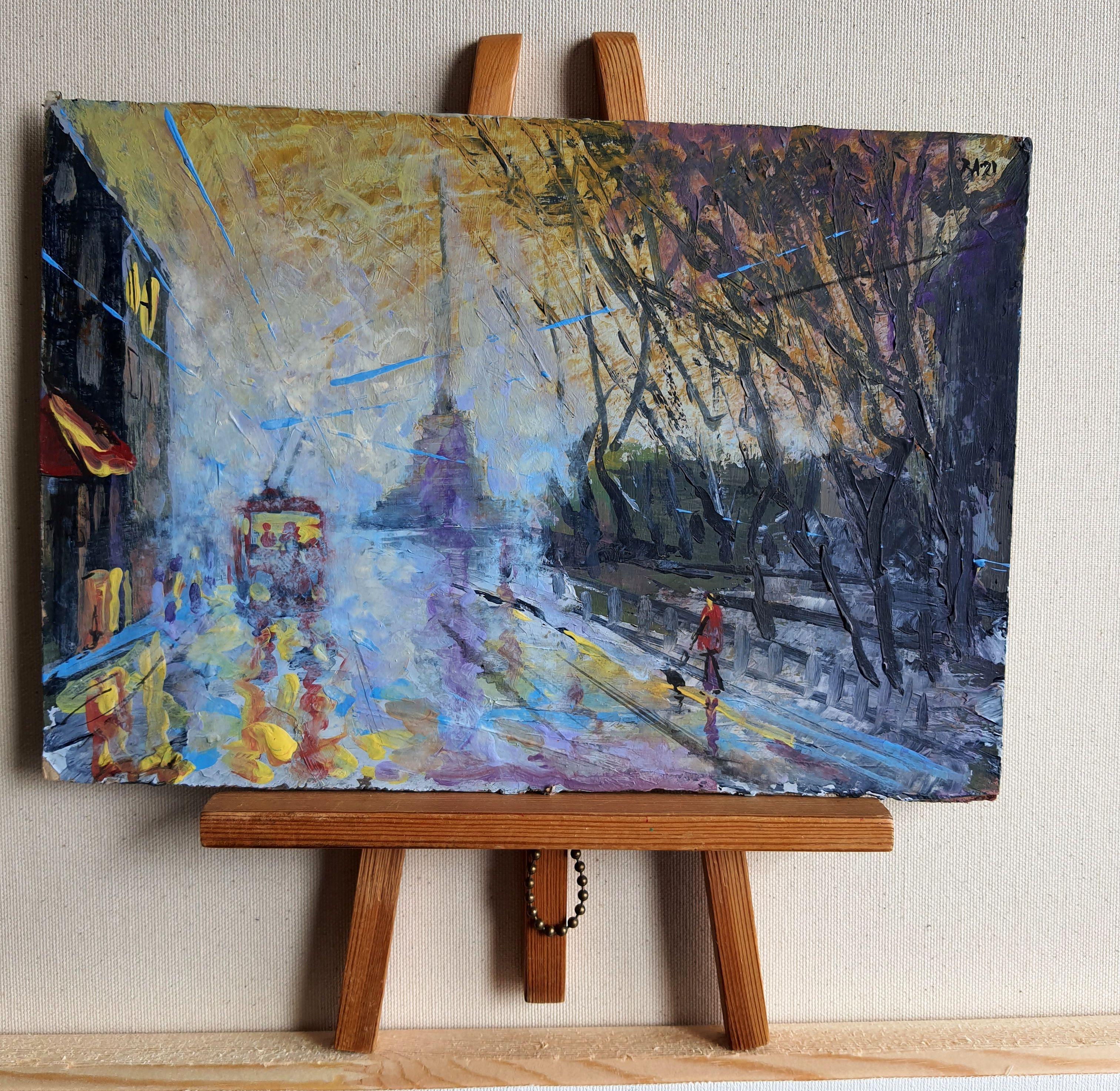 Nel creare questo quadro, ho esplorato la bellezza transitoria di un paesaggio urbano bagnato dalla pioggia attraverso un'amalgama di impressionismo e stili astratti. Utilizzando acrilici e oli, ho cercato di evocare il riflesso bagnato delle strade