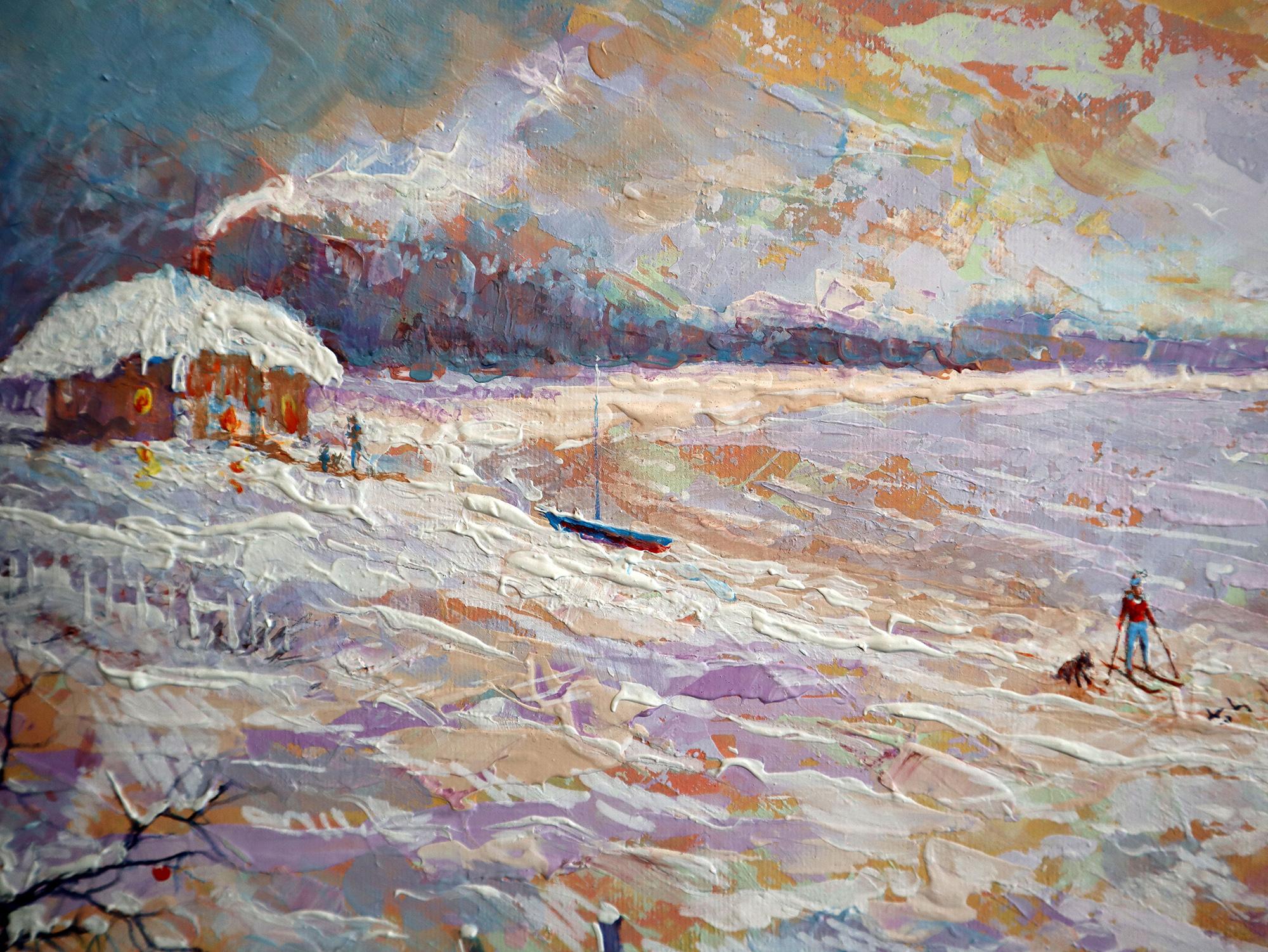 Dans ce tableau, j'ai mêlé expressionnisme, impressionnisme et réalisme à l'aide d'acryliques et d'huiles pour capturer un paysage serein recouvert de neige. Le ciel éclatant à l'aube ou au crépuscule insuffle de la chaleur dans l'air frais, tandis