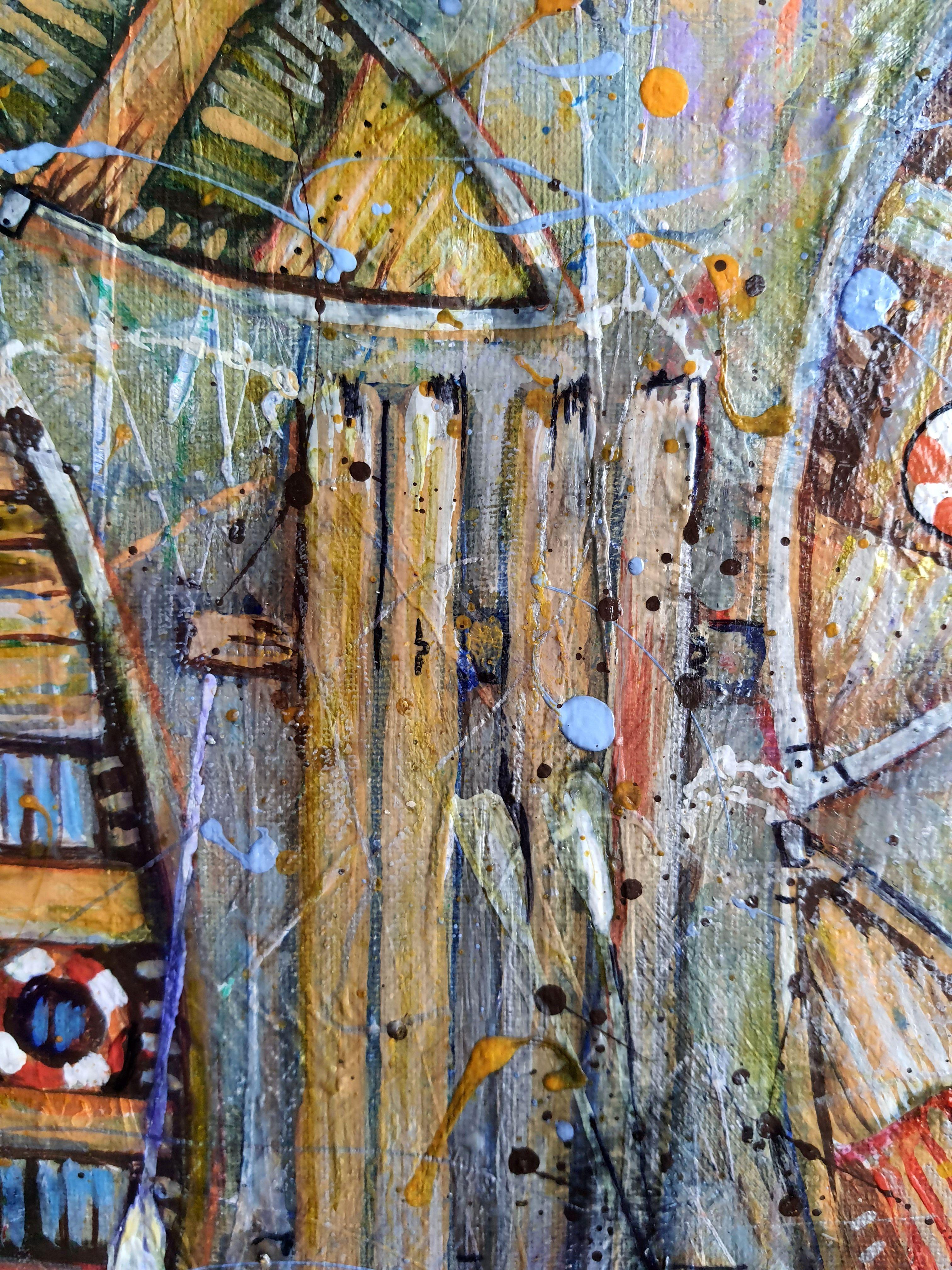 Bei der Schaffung dieses Werks habe ich mich auf die rohe, emotionale Kraft des Expressionismus und die subtilen Nuancen des Impressionismus eingelassen. Mit Acryl-, Öl- und Pastellfarben habe ich Texturen und Farben übereinander gelegt, um die