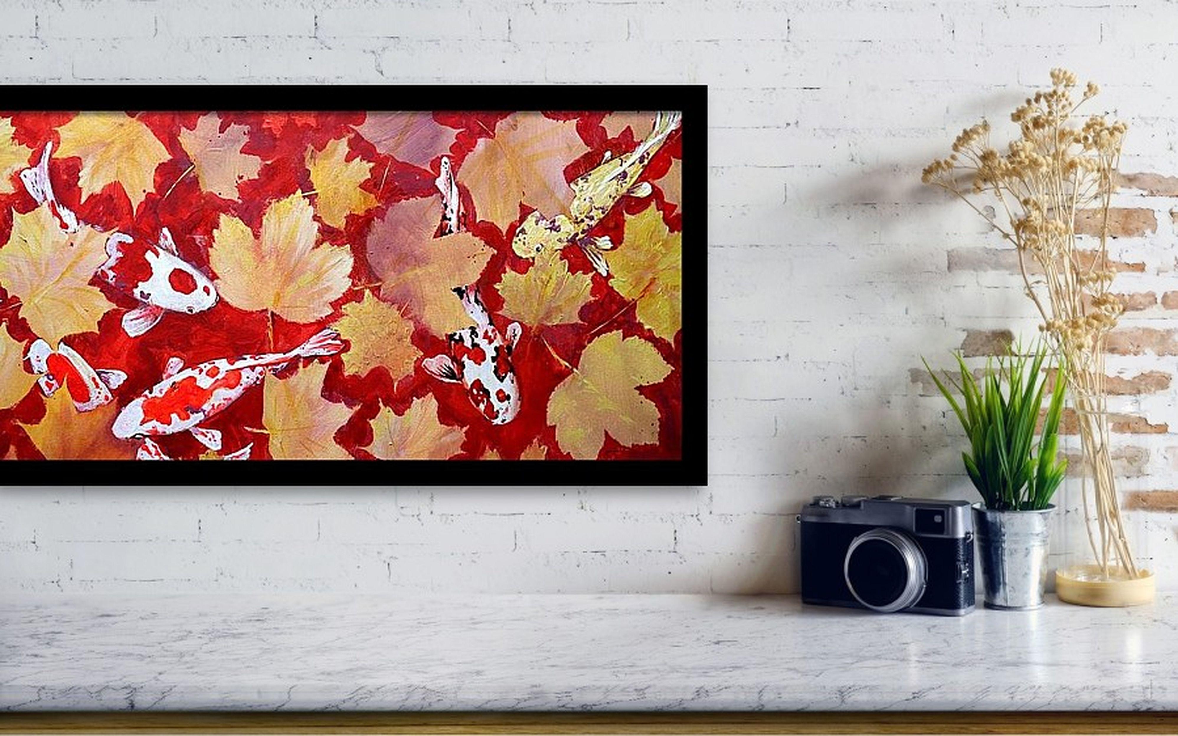 Yellow Leaves and Colored Koi Fish in Red Bottom Pool For Sale 6