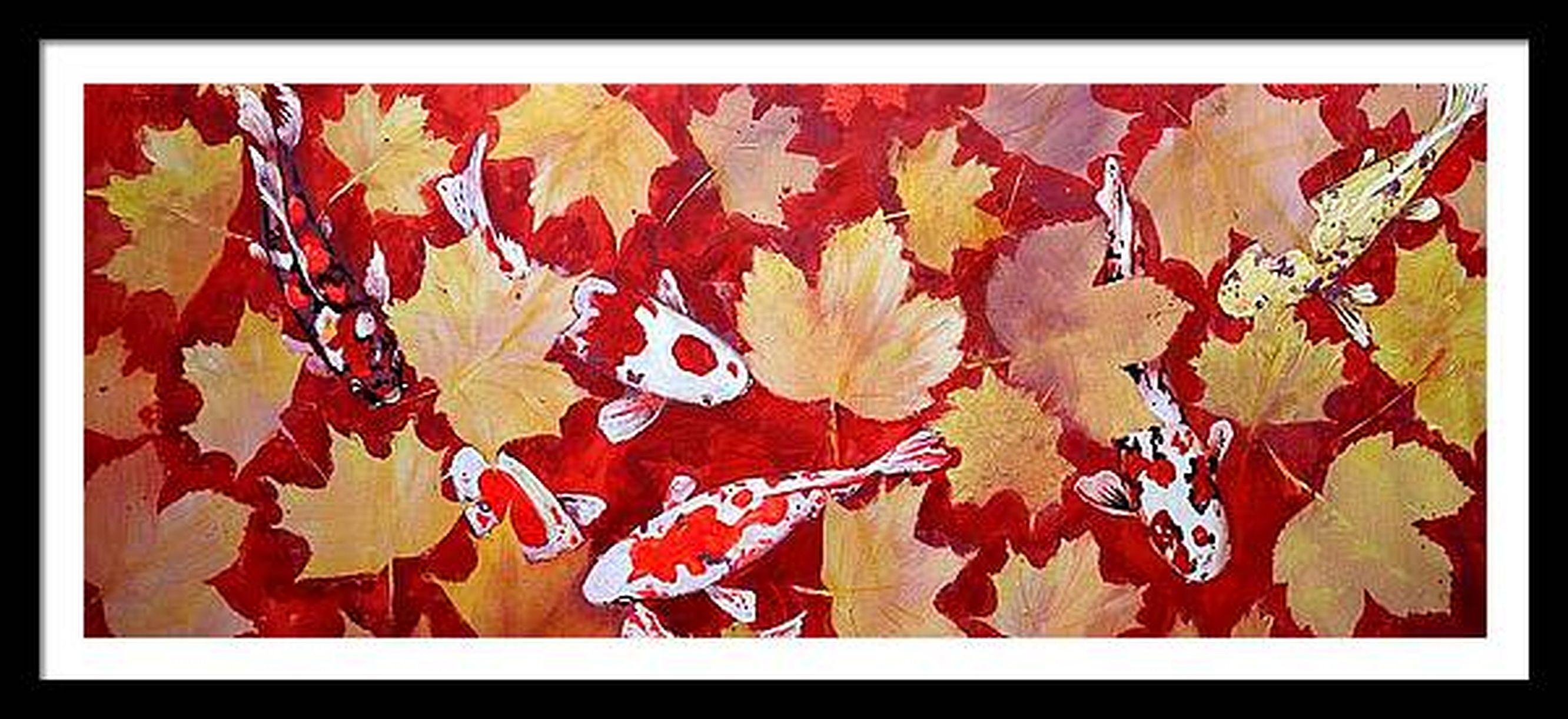 Yellow Leaves and Colored Koi Fish in Red Bottom Pool For Sale 7