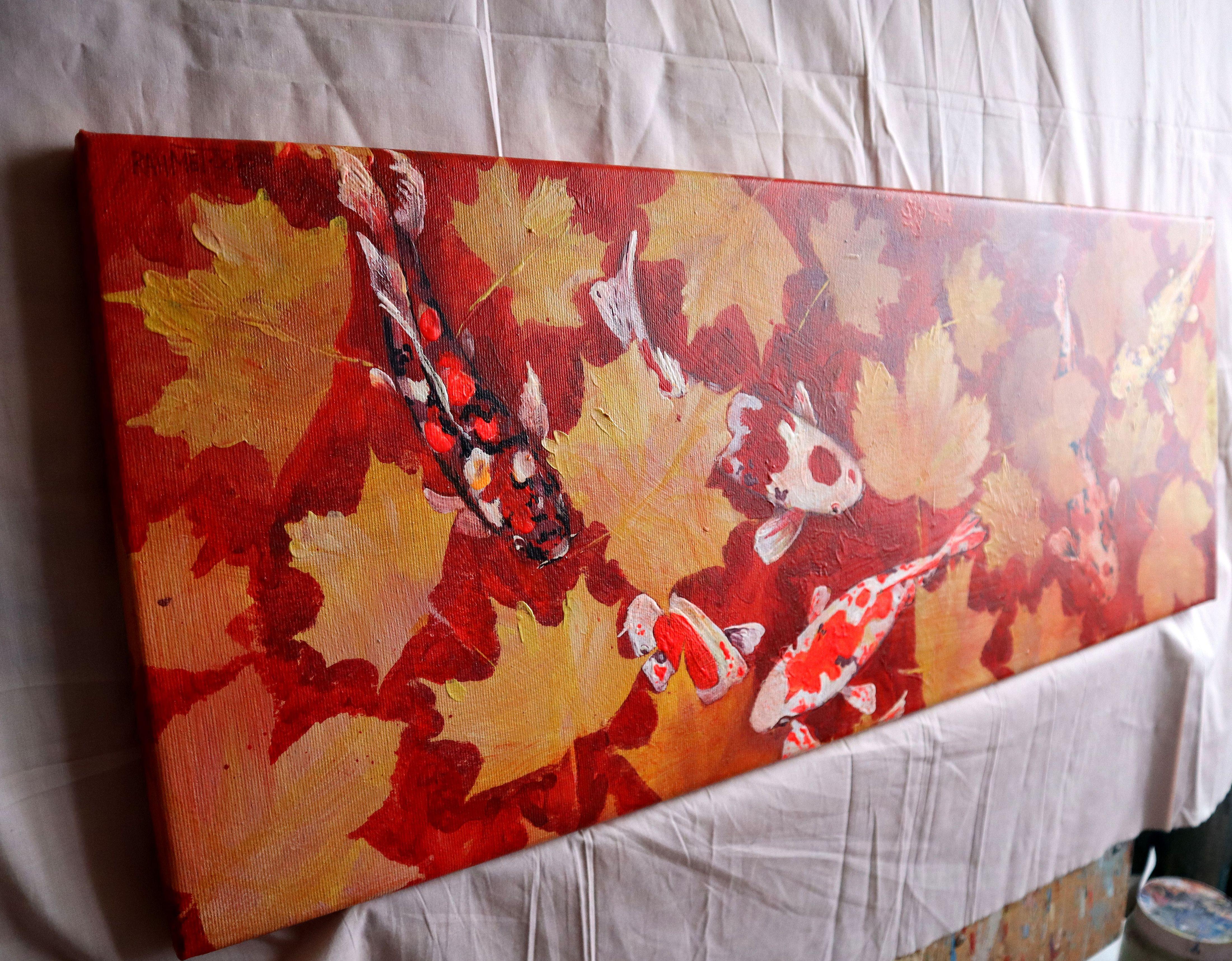 Yellow Leaves and Colored Koi Fish in Red Bottom Pool For Sale 8