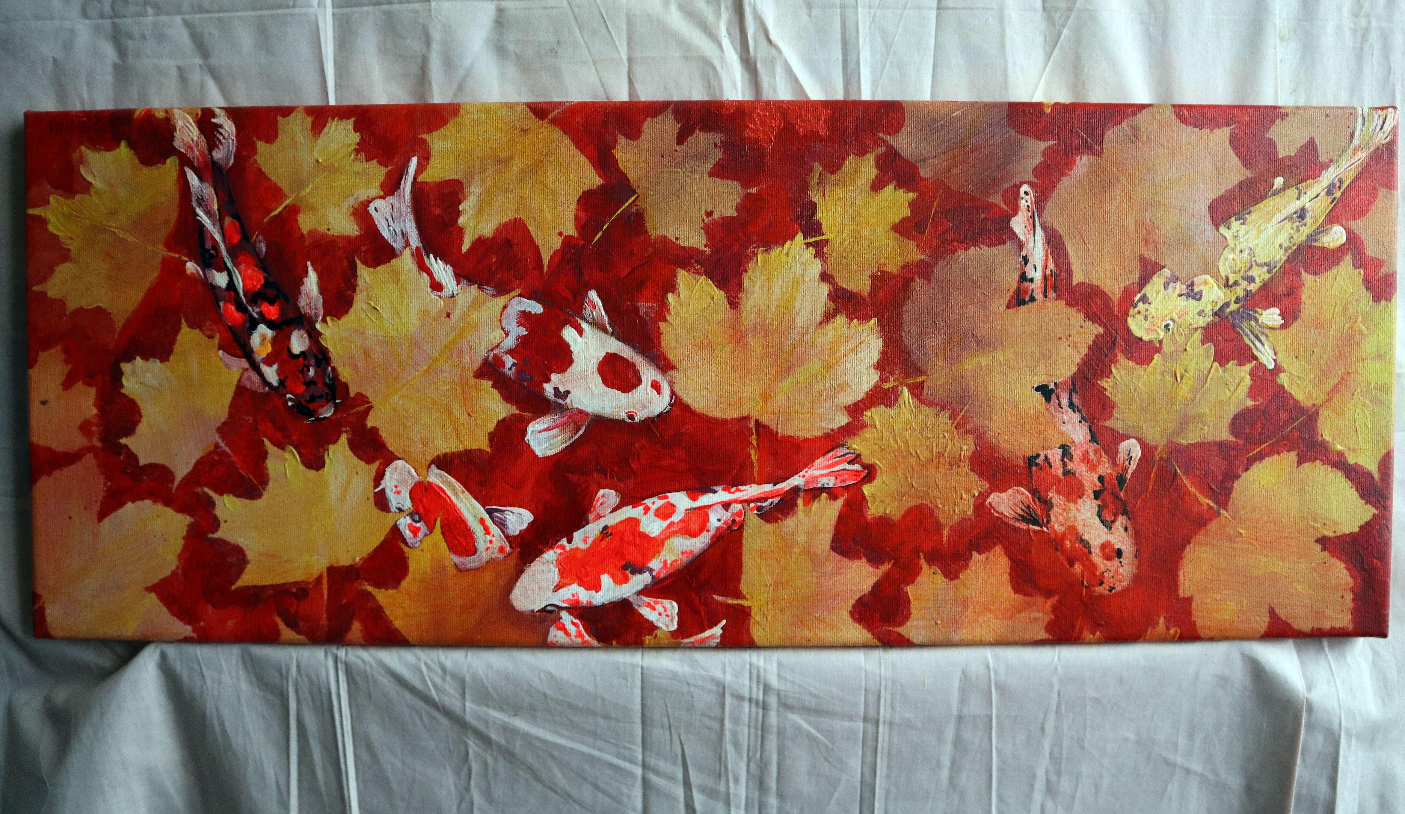 Yellow Leaves and Colored Koi Fish in Red Bottom Pool For Sale 9