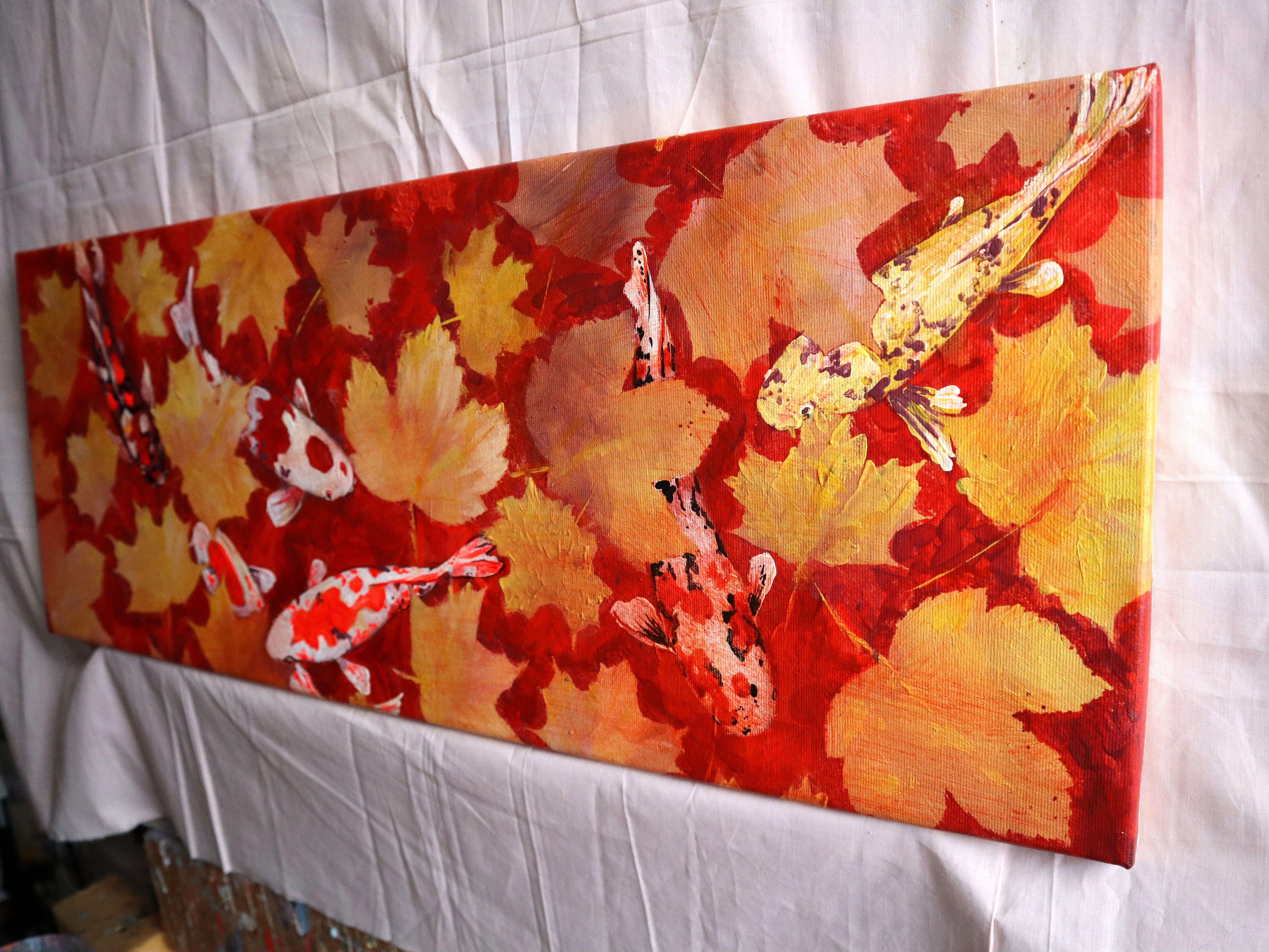 Yellow Leaves and Colored Koi Fish in Red Bottom Pool For Sale 10