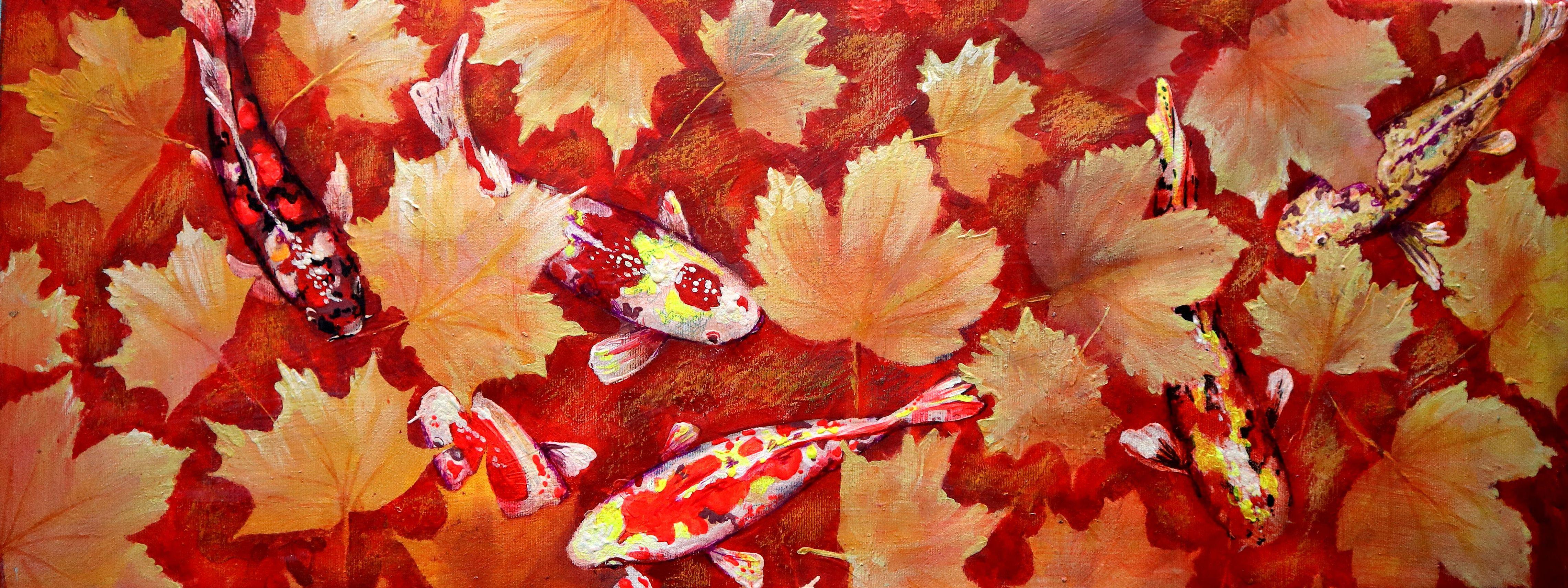Yellow Leaves and Colored Koi Fish in Red Bottom Pool For Sale 12