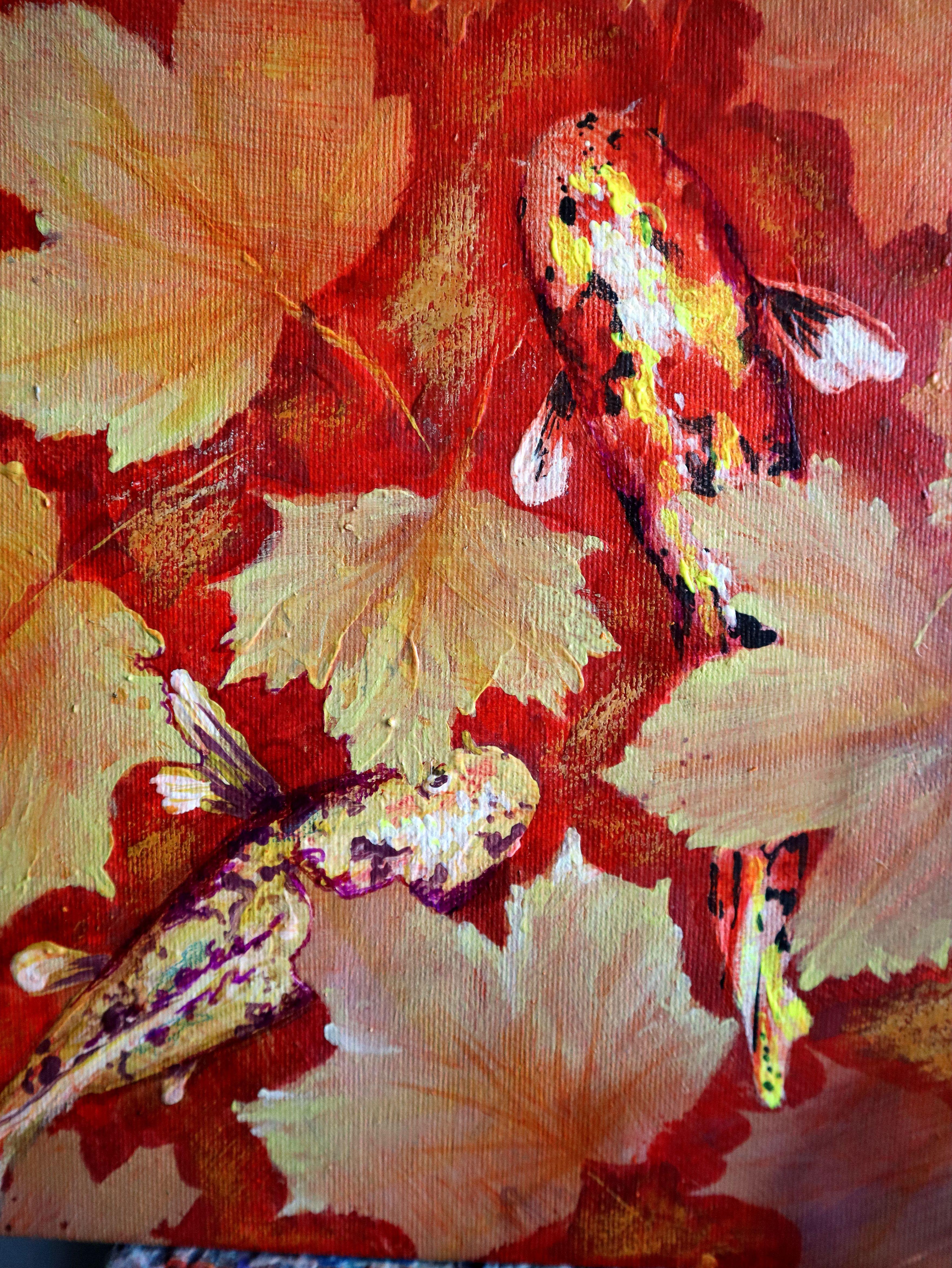 Yellow Leaves and Colored Koi Fish in Red Bottom Pool - Painting by RAKHMET REDZHEPOV (RAMZI)