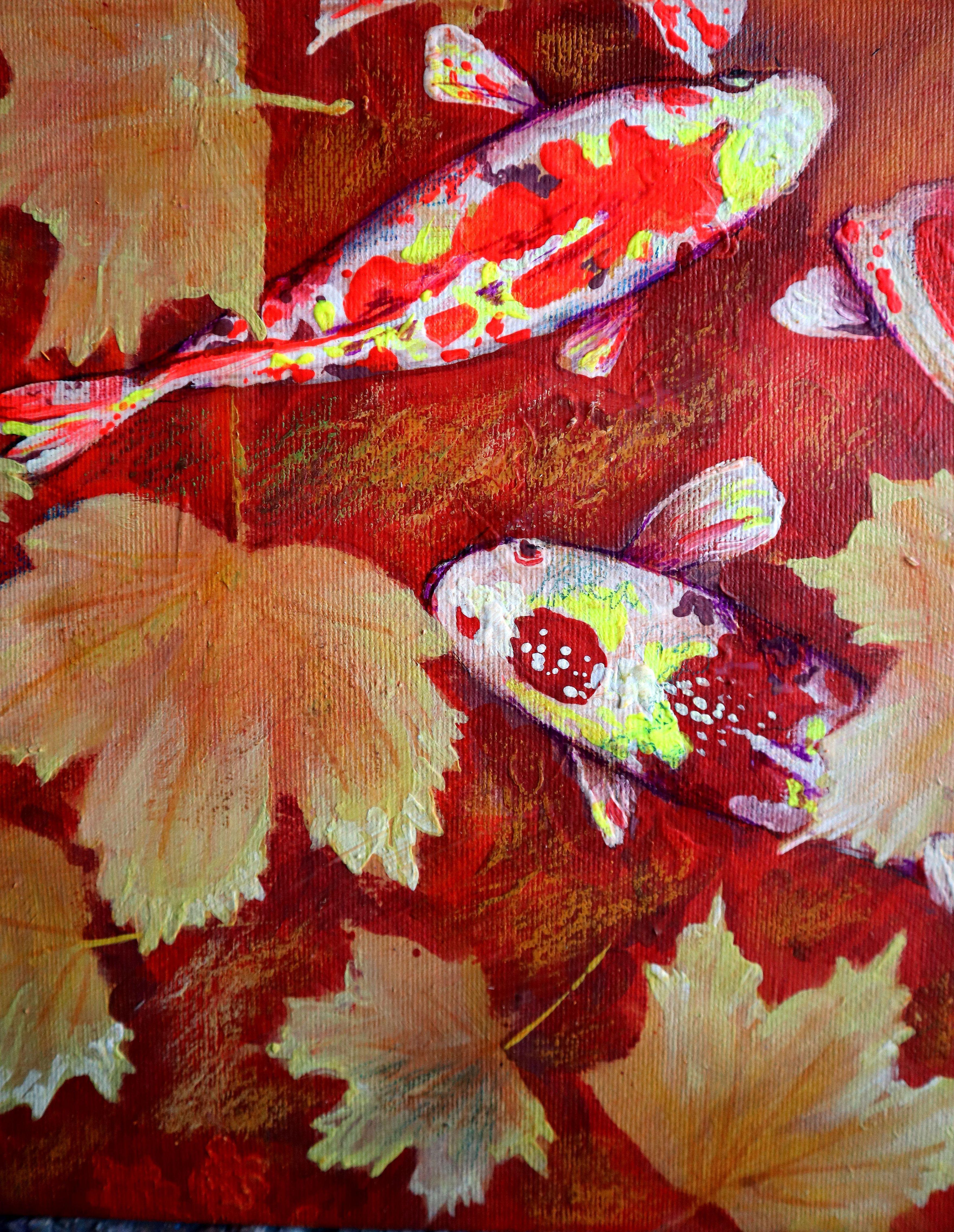 Yellow Leaves and Colored Koi Fish in Red Bottom Pool - Impressionist Painting by RAKHMET REDZHEPOV (RAMZI)