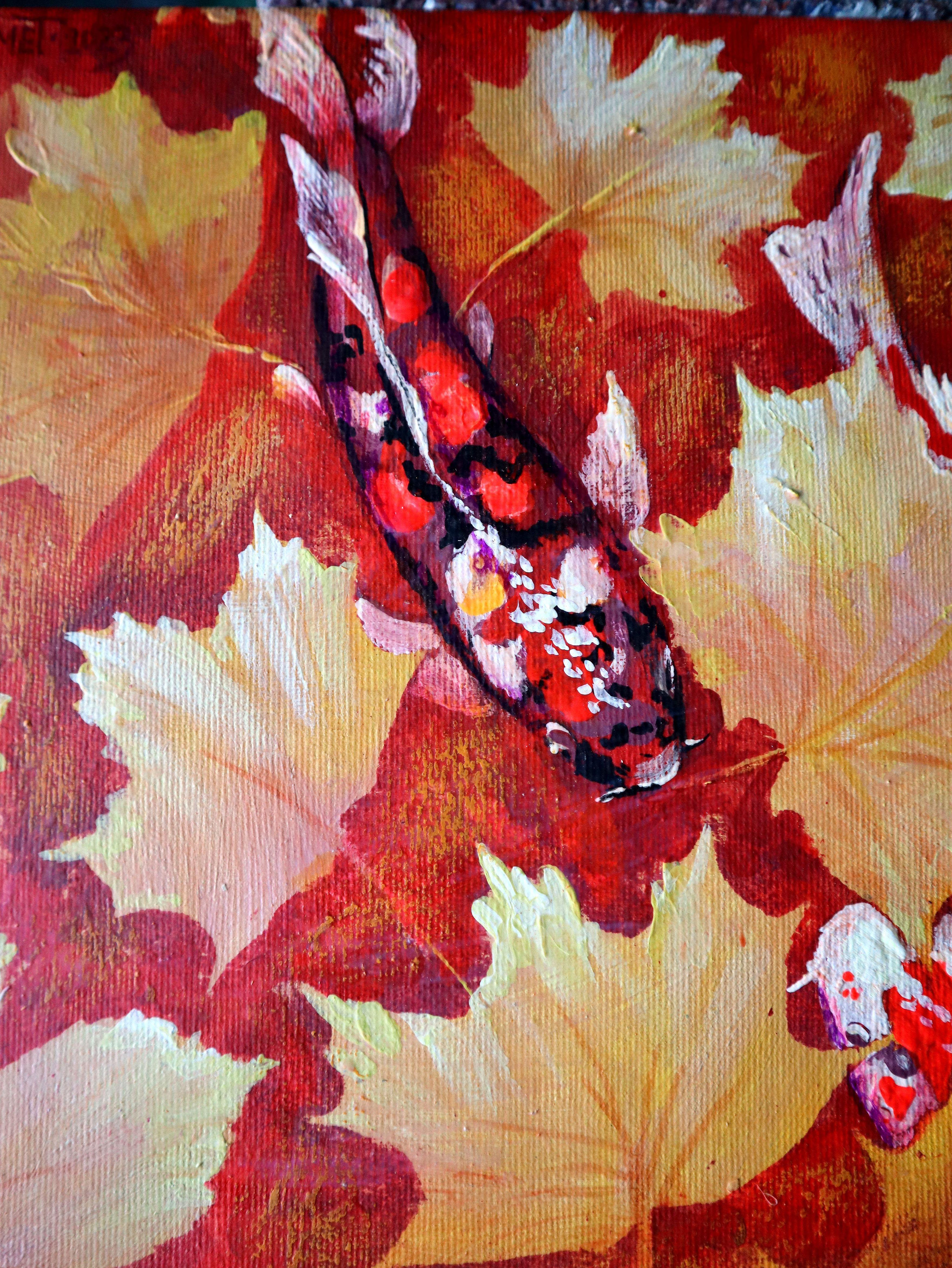 In this vibrant canvas, I merged the fiery tones of autumn leaves with the lively essence of koi fish. I wielded acrylics and oils to blend expressionism, with strokes of impressionism and a touch of pop art surrealism, capturing the ephemeral