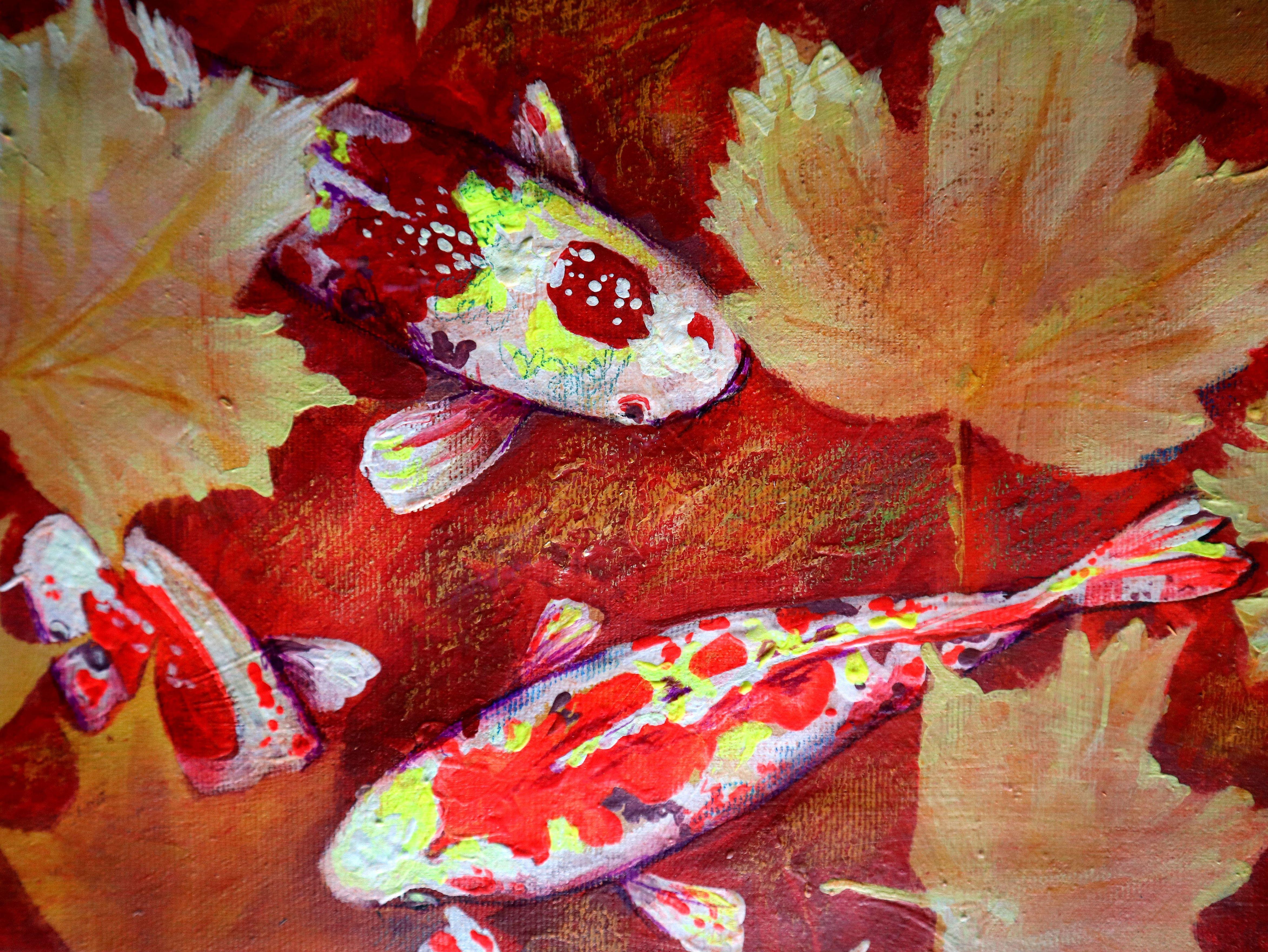 Yellow Leaves and Colored Koi Fish in Red Bottom Pool For Sale 2