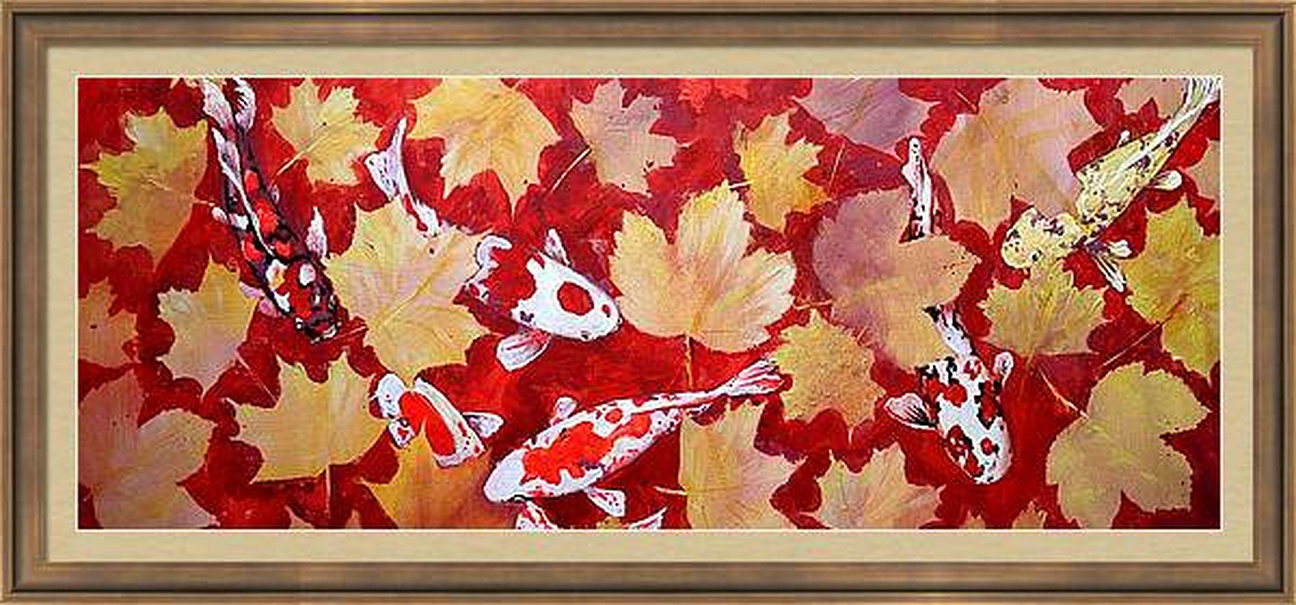 Yellow Leaves and Colored Koi Fish in Red Bottom Pool For Sale 3