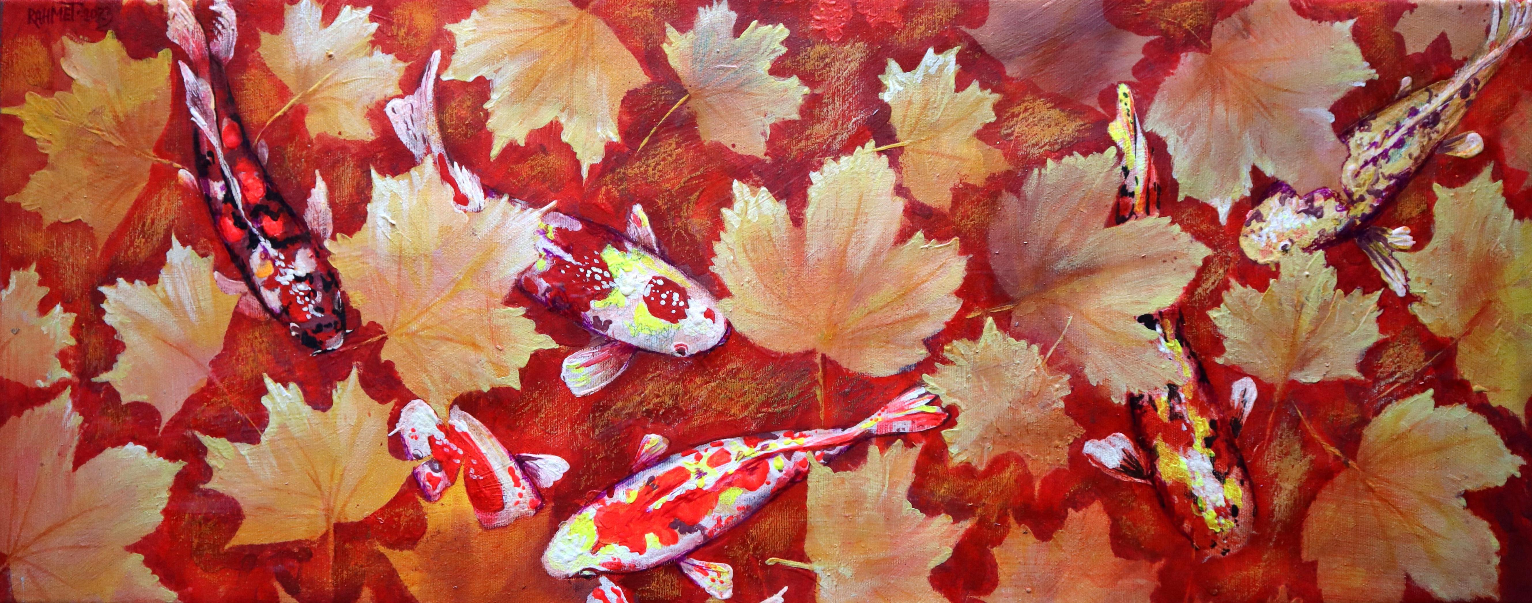 Des feuilles jaunes et des poissons koï colorés dans un bassin rouge
