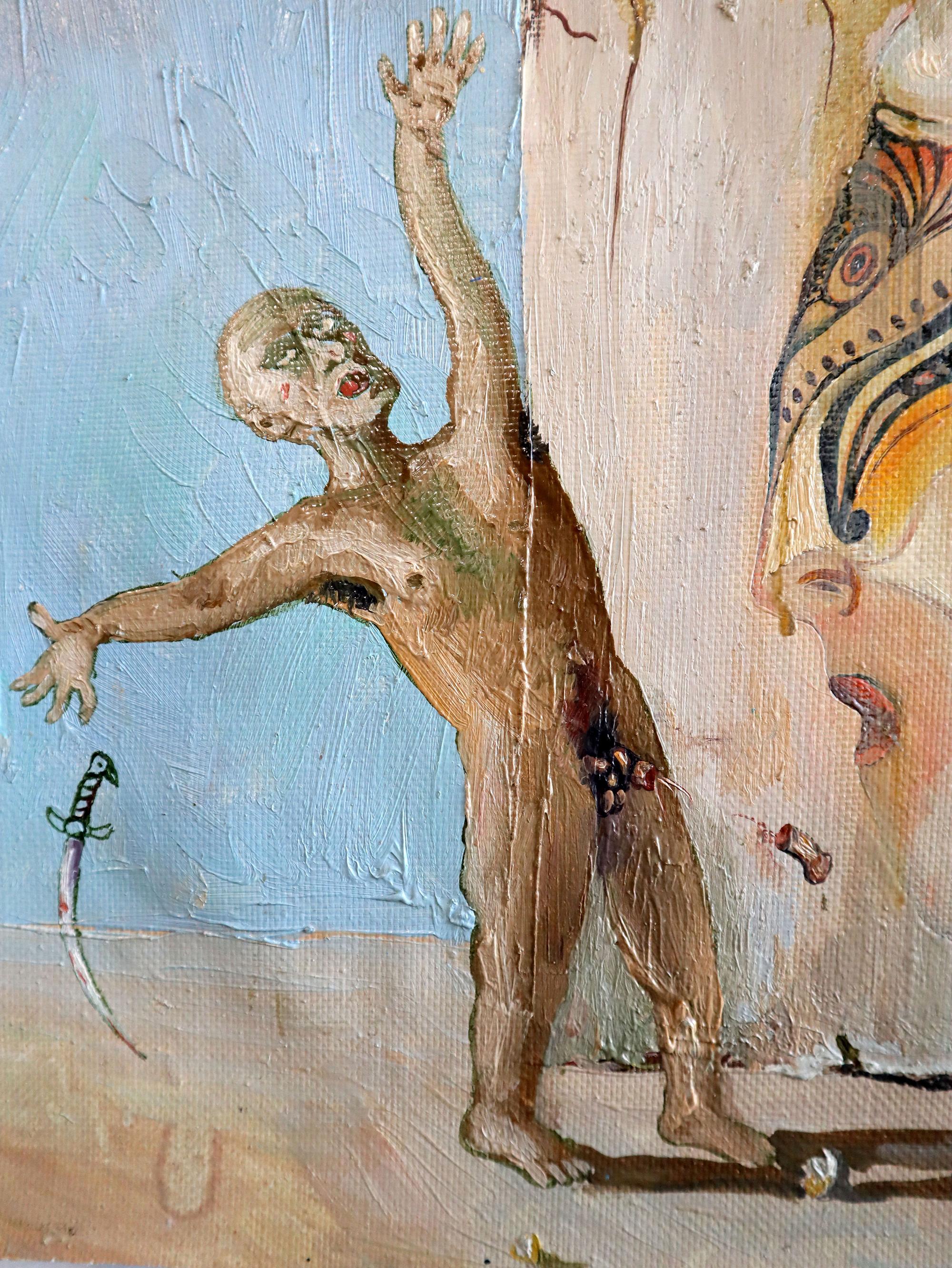 In questo dipinto, mescolo espressionismo, surrealismo e simbolismo per esplorare narrazioni emotive profonde. La tela presenta figure frammentate e forme astratte che evocano un senso di perdita e di nostalgia. La figura centrale, adornata da