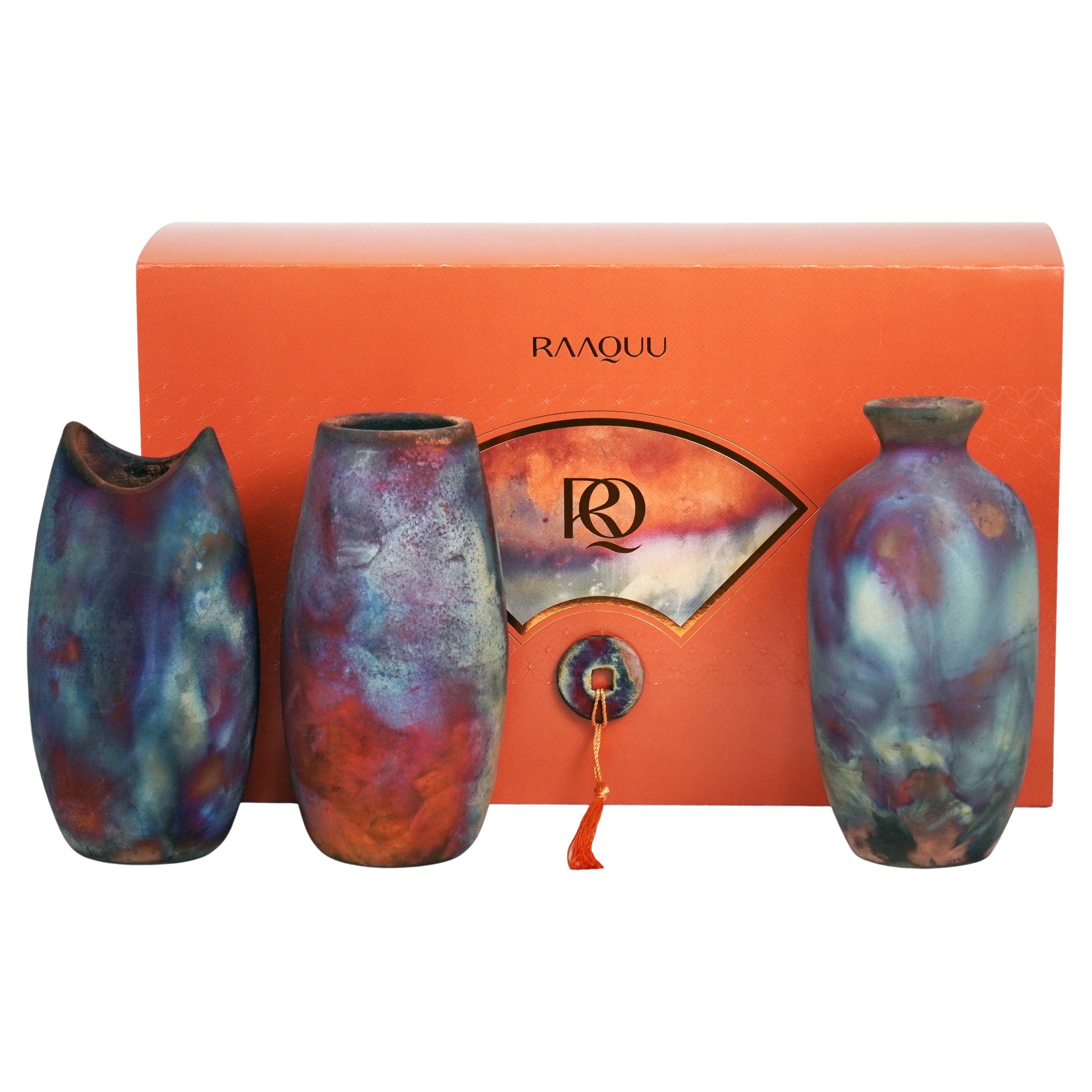 Raku 3 Pack Premium Vase Gift Box - Full Copper - Handmade Ceramic Home Decor