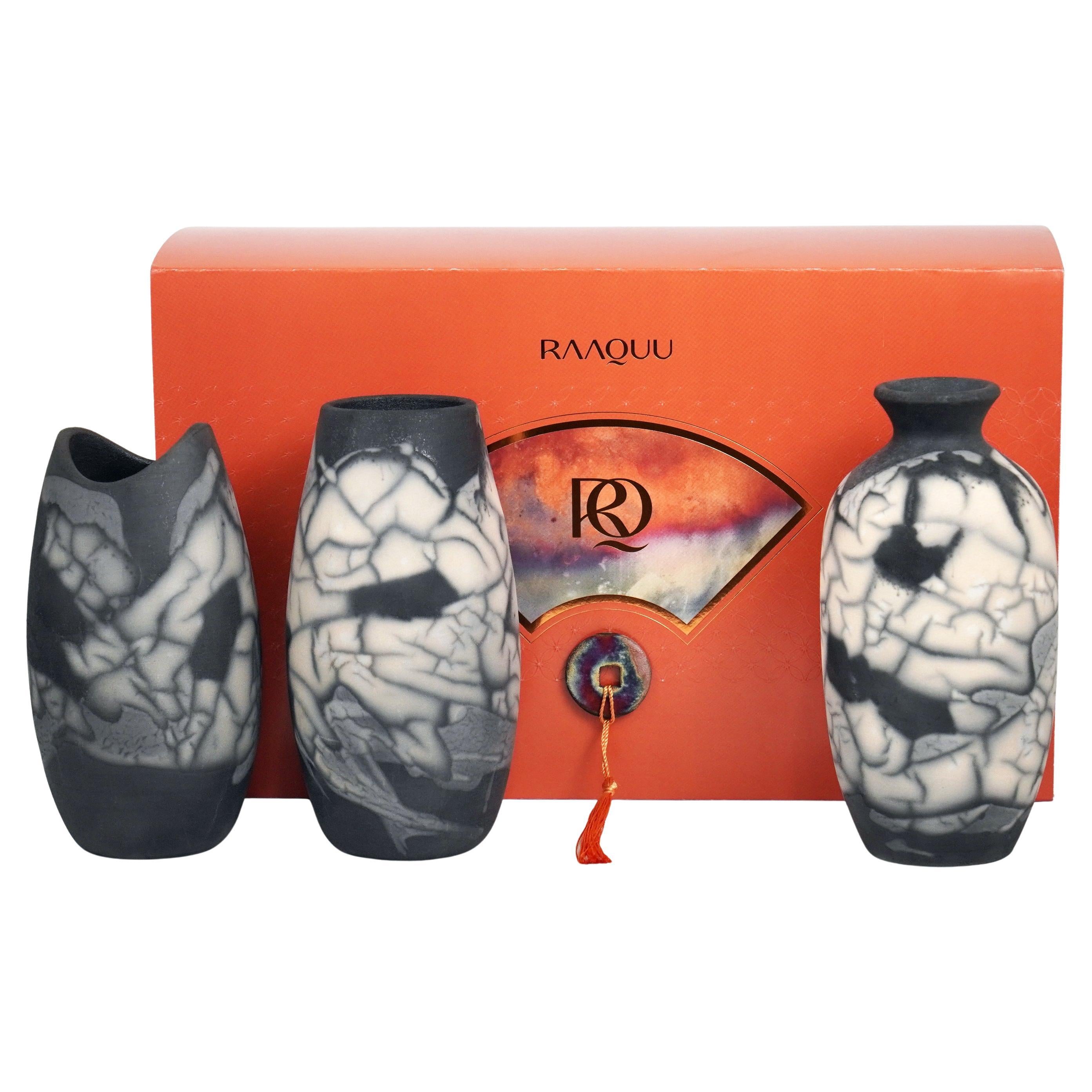 Raku 3 Pack Premium Vase Gift Box - Raku fumé - Décoration intérieure en céramique faite à la main en vente