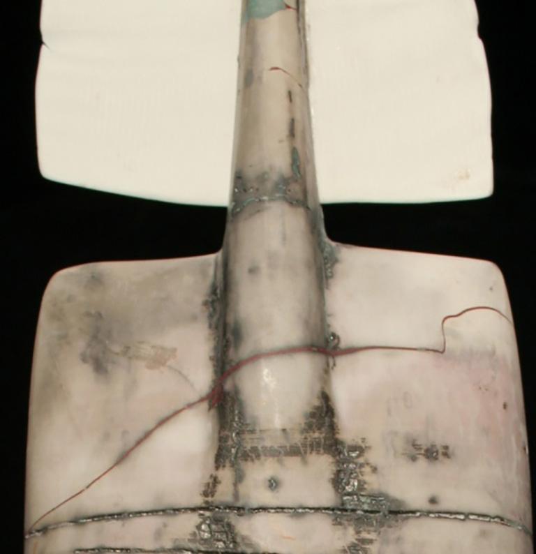 American Raku Figure, Unique Handmade Ceramic Obelisk Sculpture with Porcelain Wings