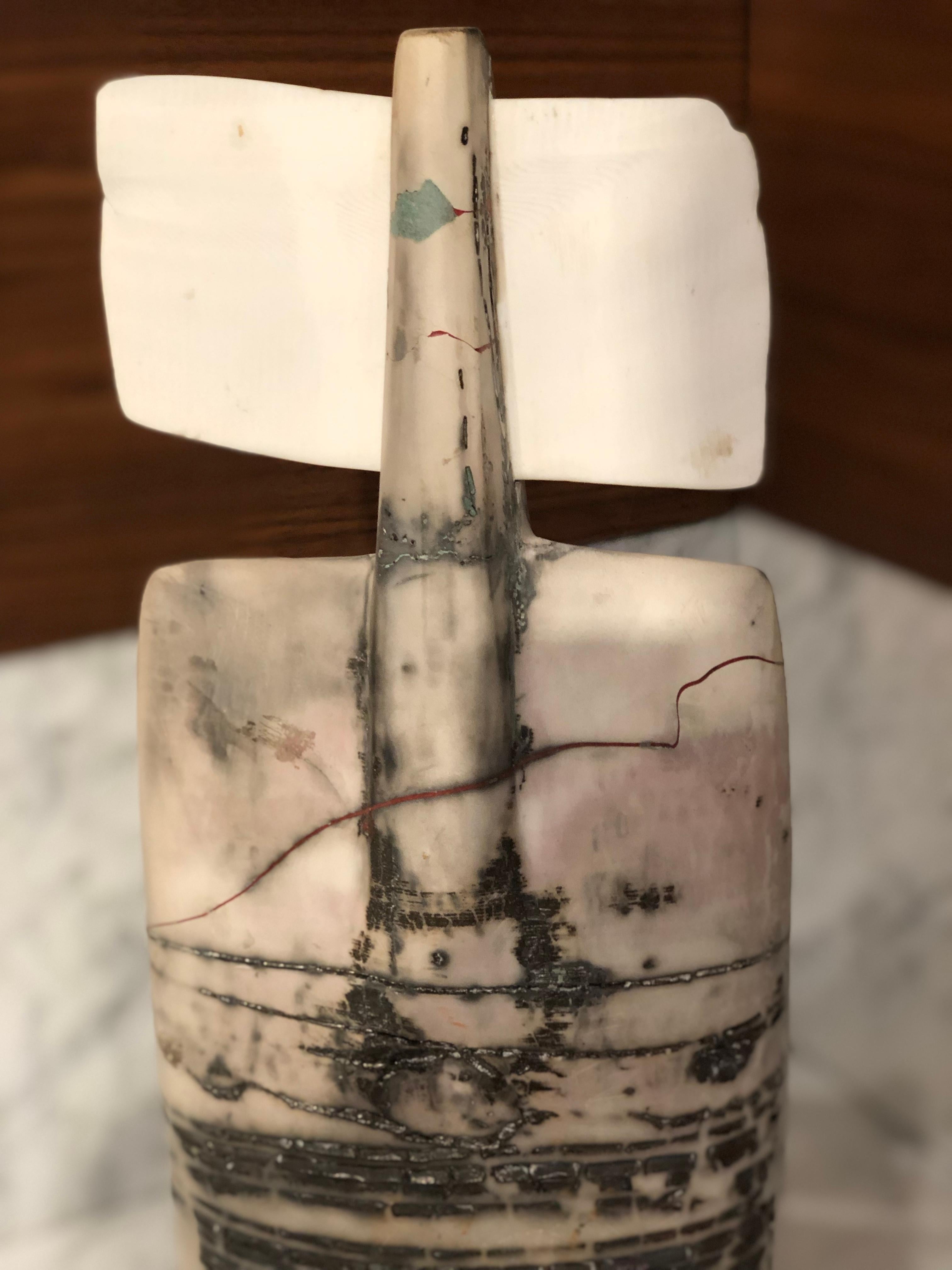 Raku Figure, Unique Handmade Ceramic Obelisk Sculpture with Porcelain Wings In New Condition In Chicago, IL